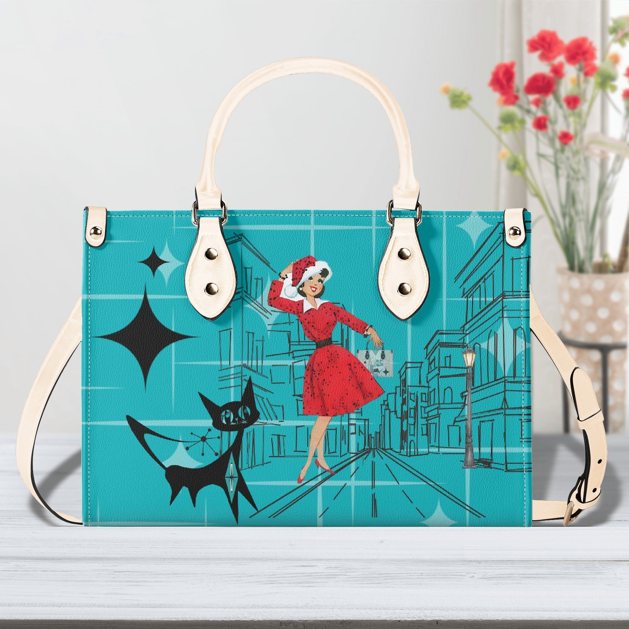 Mid Century Modern Christmas Mod Gal Signature Atomic Cat, Atomic Kitschy Handbag, Shoulder Bag - Mid Century Modern Gal