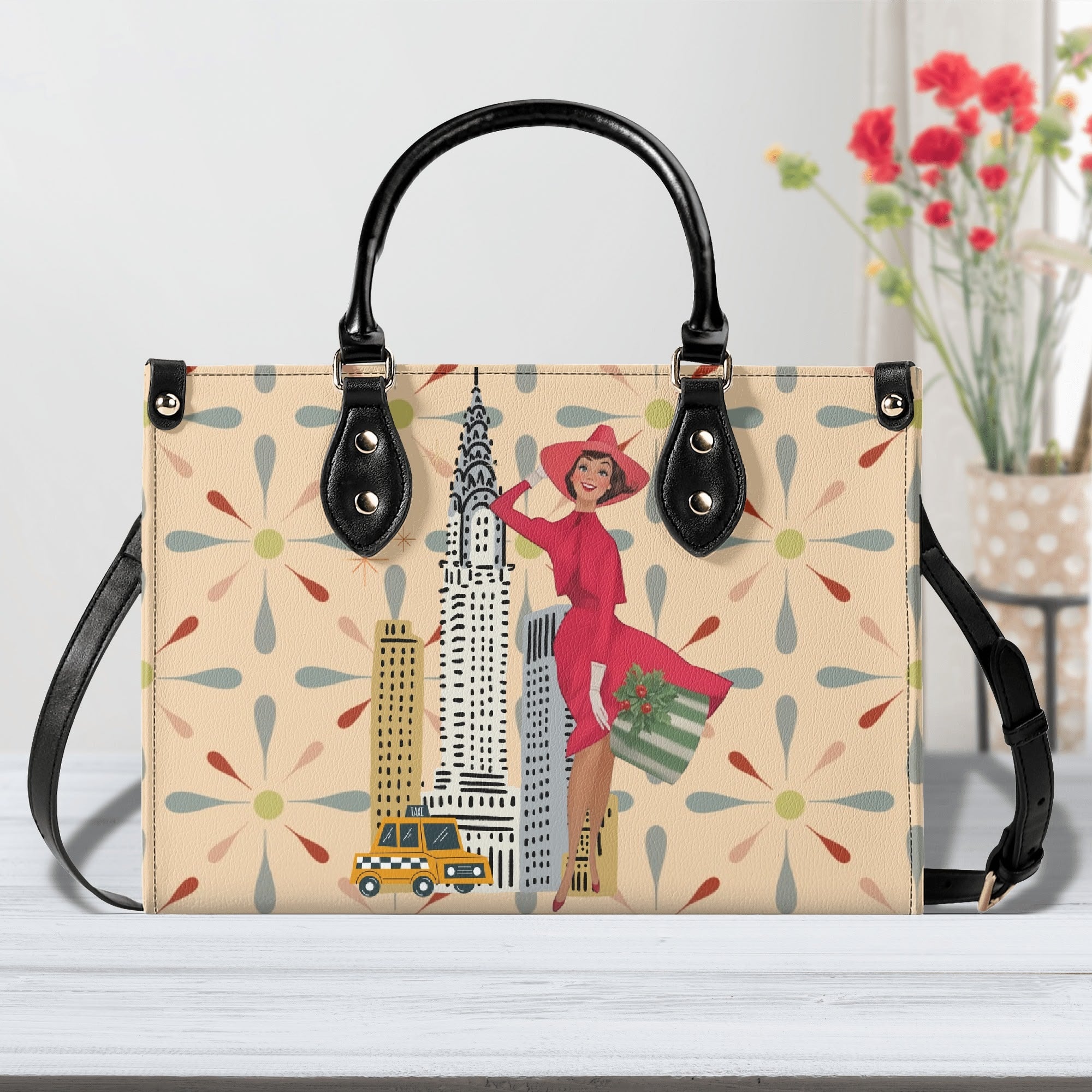Mid Century Modern Christmas Retro Mod Gal Kitschy Mod Holiday Winter Handbag, Shoulder Bag - Mid Century Modern Gal