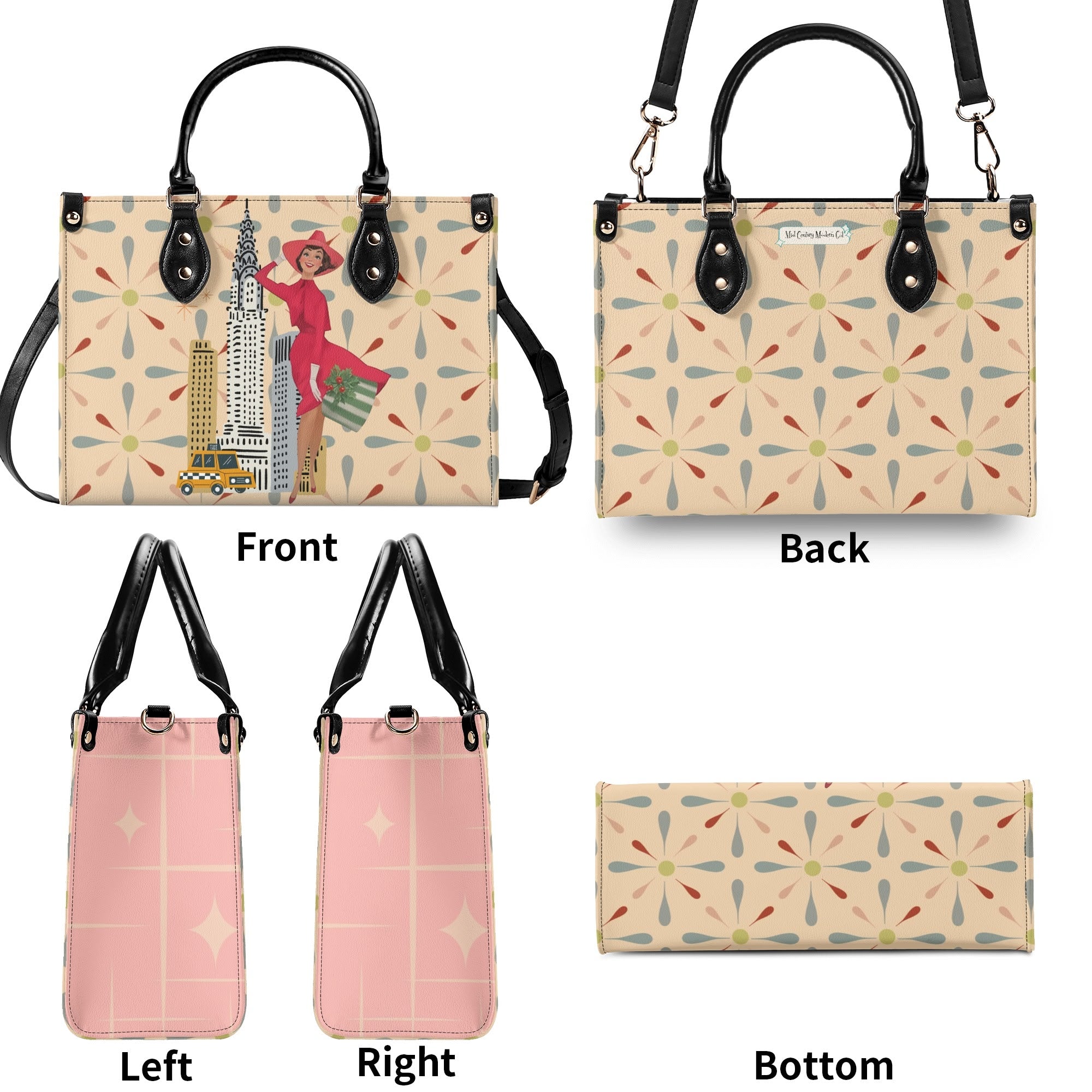 Mid Century Modern Christmas Retro Mod Gal Kitschy Mod Holiday Winter Handbag, Shoulder Bag - Mid Century Modern Gal
