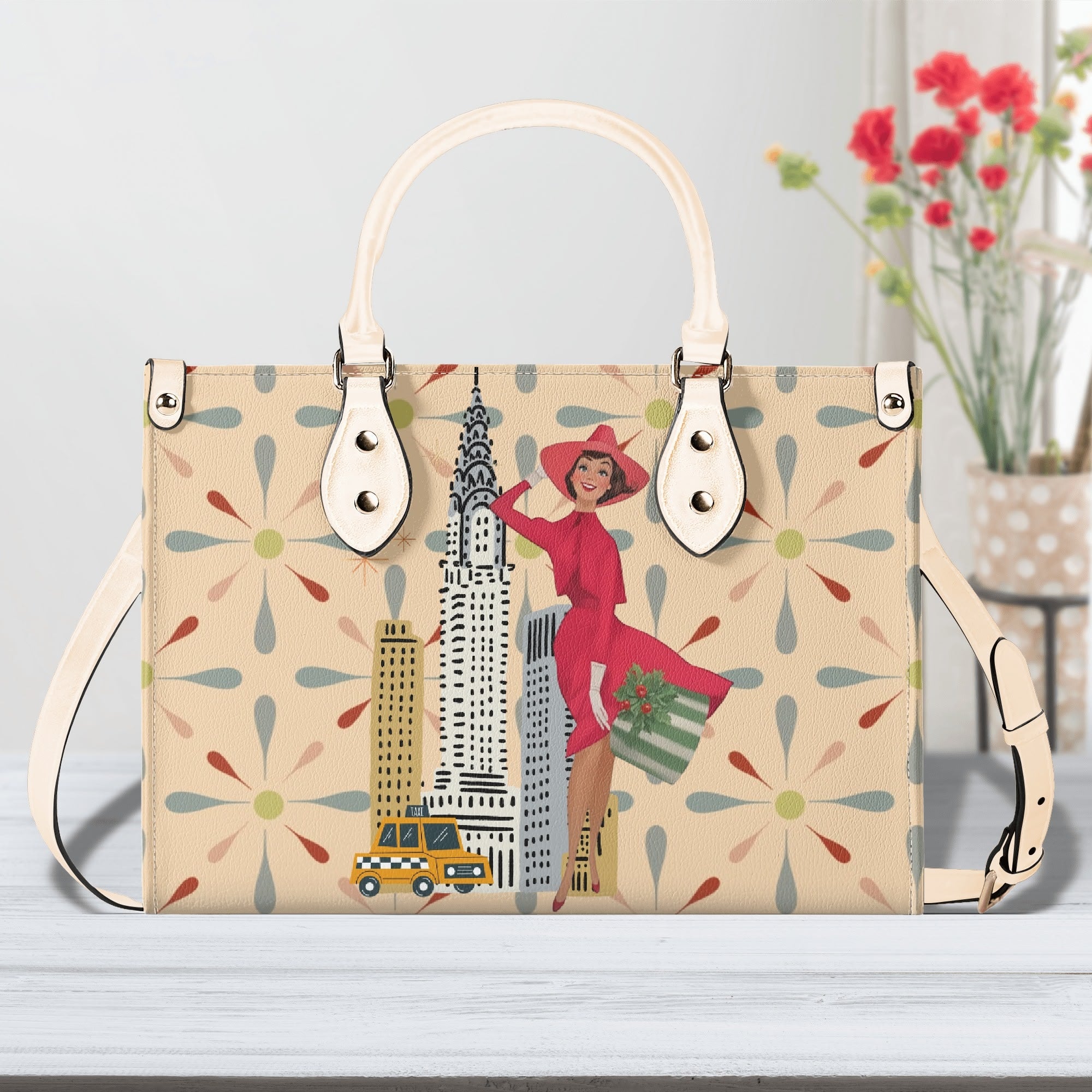 Mid Century Modern Christmas Retro Mod Gal Kitschy Mod Holiday Winter Handbag, Shoulder Bag - Mid Century Modern Gal