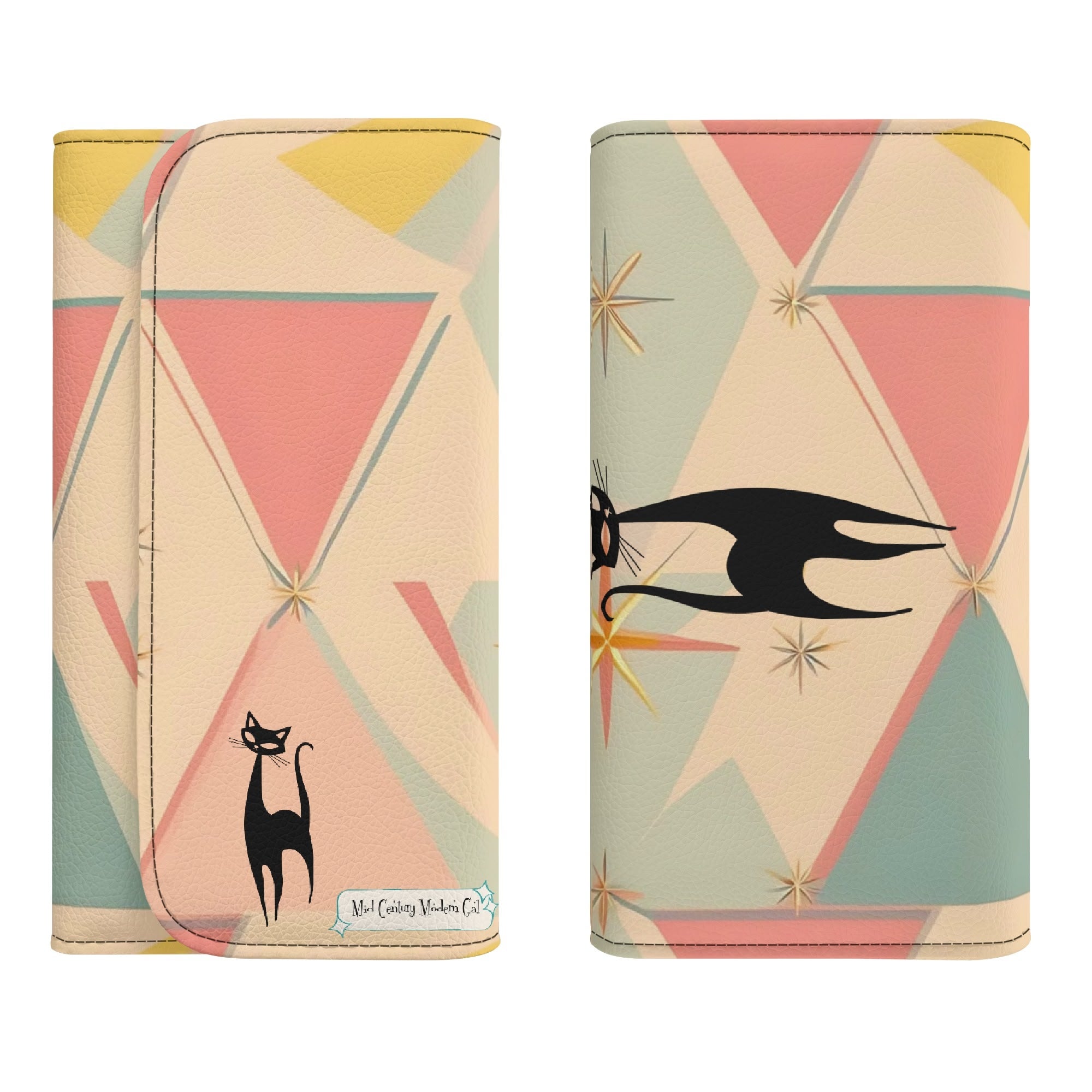 Atomic Cat Pink Aqua Blue, Mint Green Starburst Retro Mid Mod Trifold Clutch Long Wallet - Mid Century Modern Gal