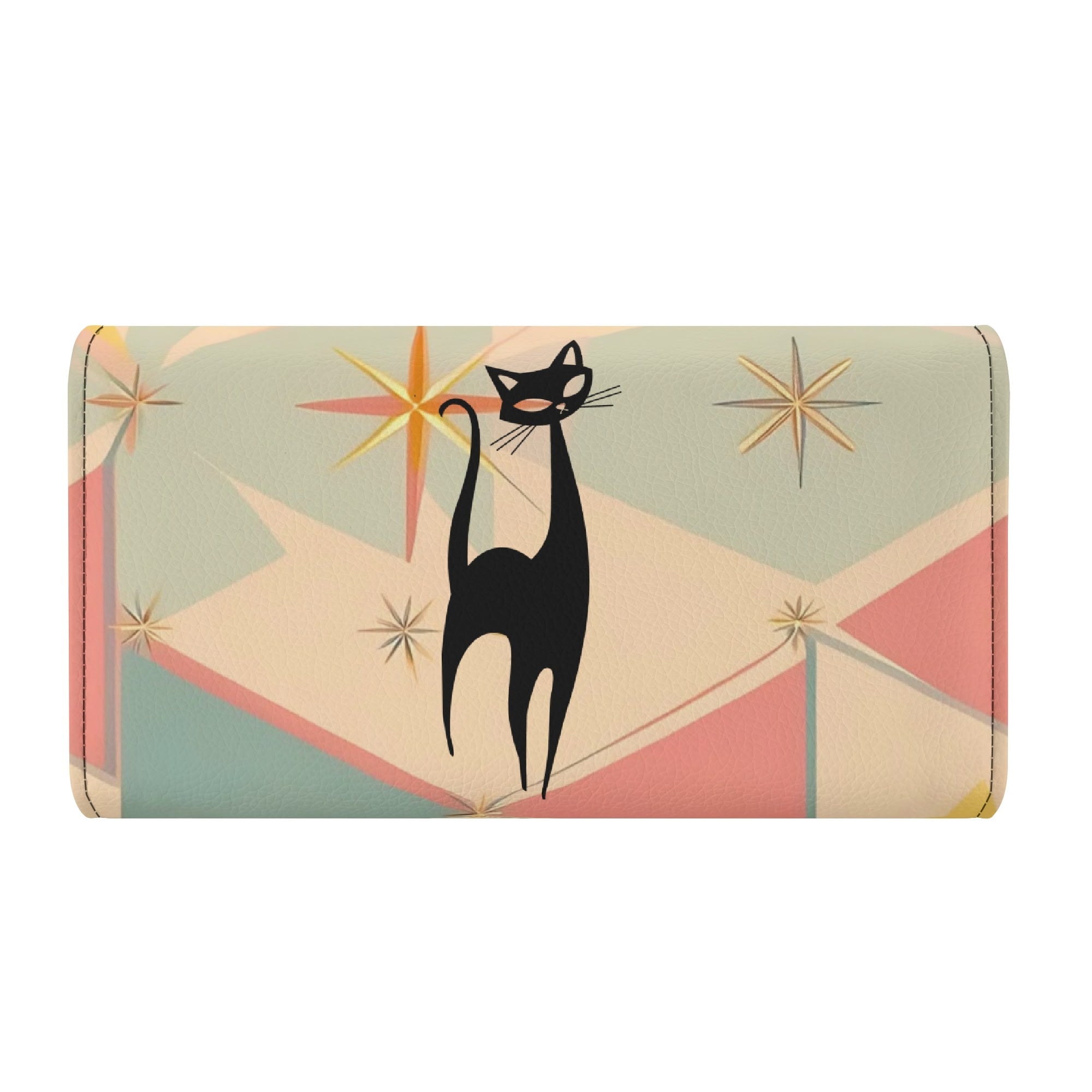 Atomic Cat Pink Aqua Blue, Mint Green Starburst Retro Mid Mod Trifold Clutch Long Wallet - Mid Century Modern Gal