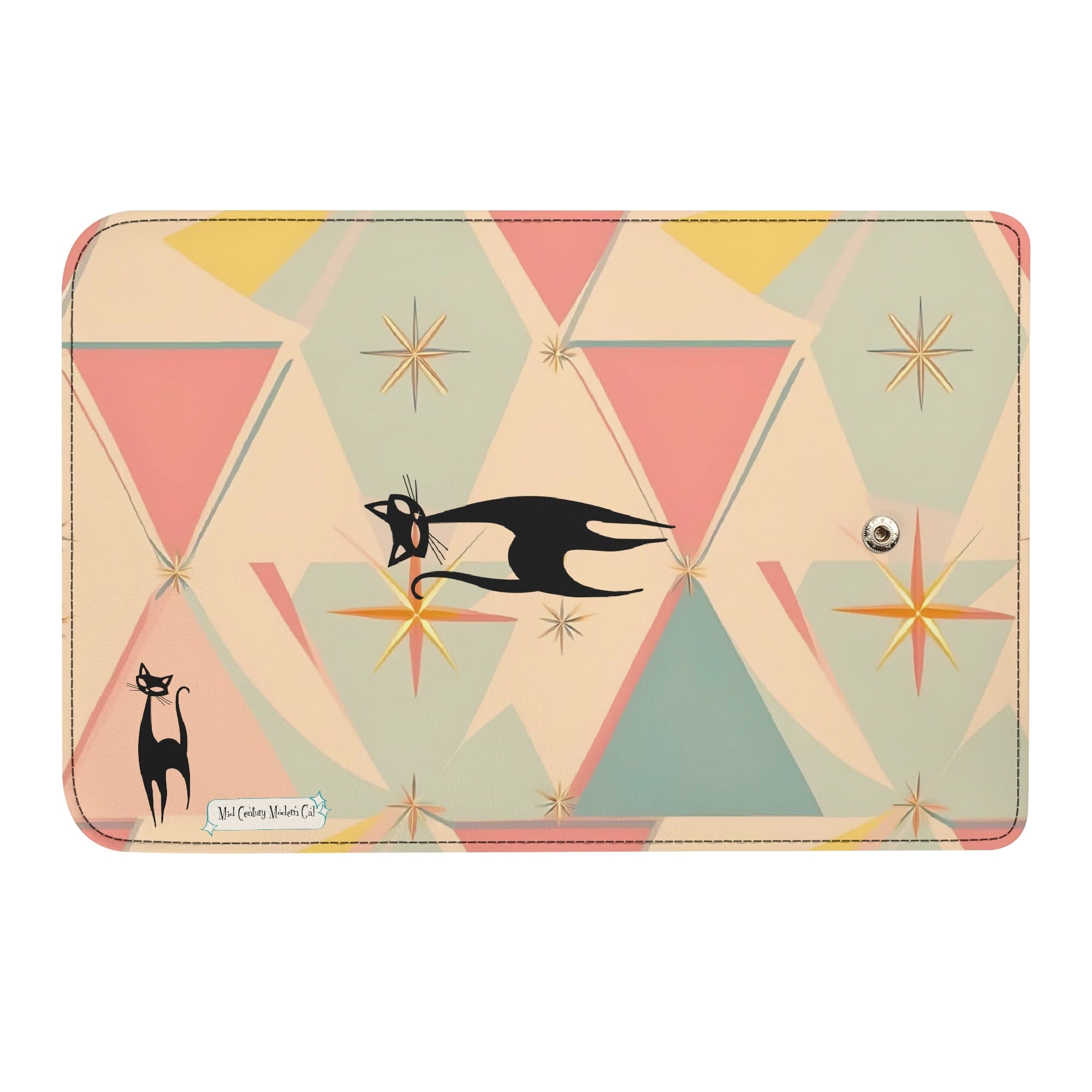 Atomic Cat Pink Aqua Blue, Mint Green Starburst Retro Mid Mod Trifold Clutch Long Wallet - Mid Century Modern Gal