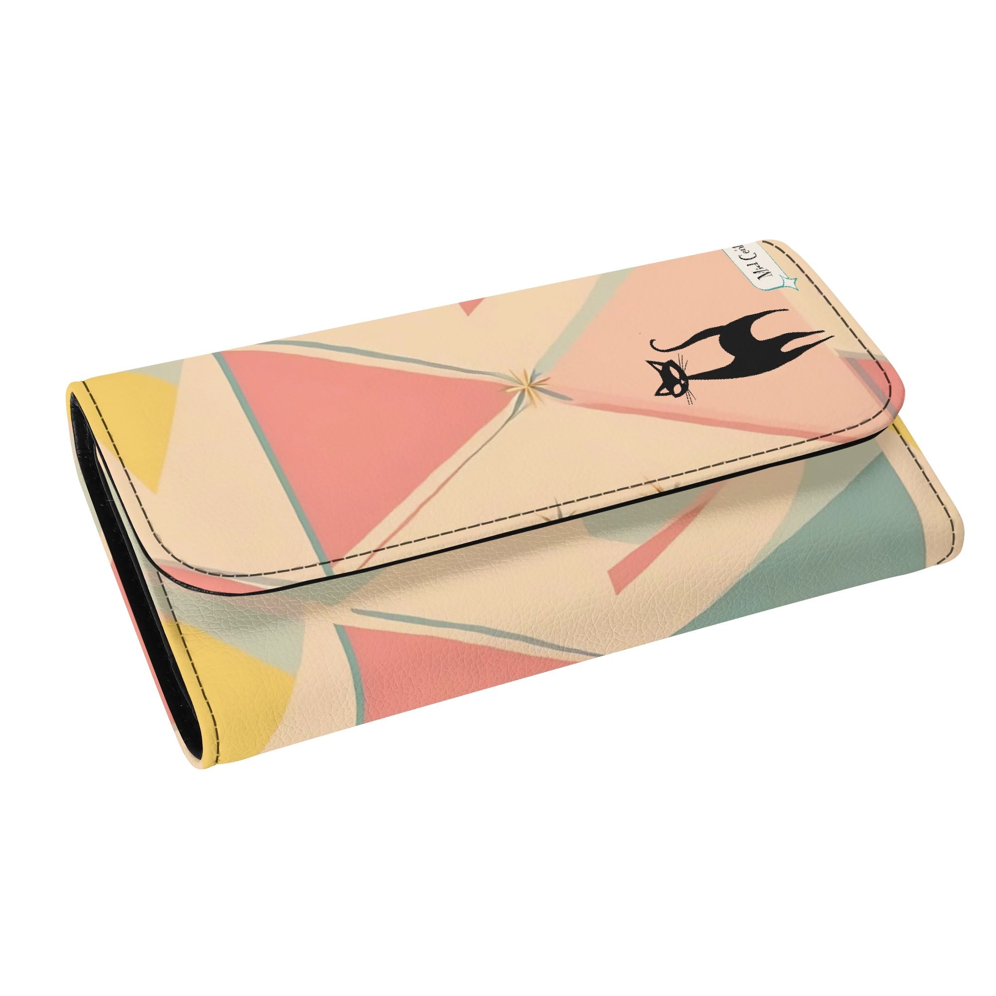 Atomic Cat Pink Aqua Blue, Mint Green Starburst Retro Mid Mod Trifold Clutch Long Wallet - Mid Century Modern Gal