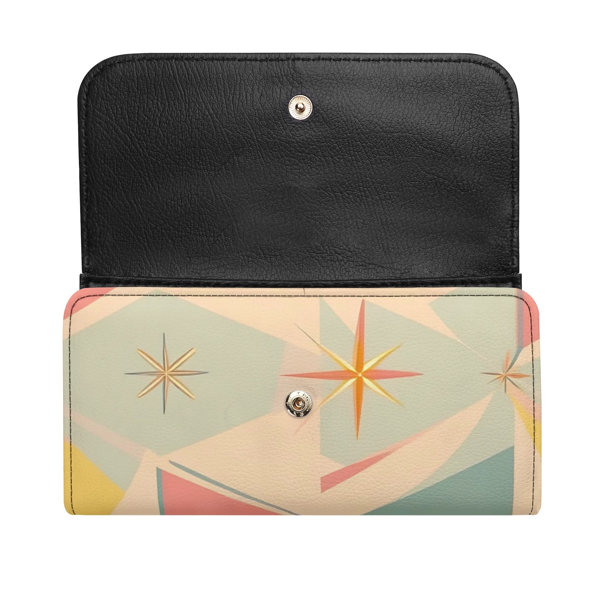 Atomic Cat Pink Aqua Blue, Mint Green Starburst Retro Mid Mod Trifold Clutch Long Wallet - Mid Century Modern Gal