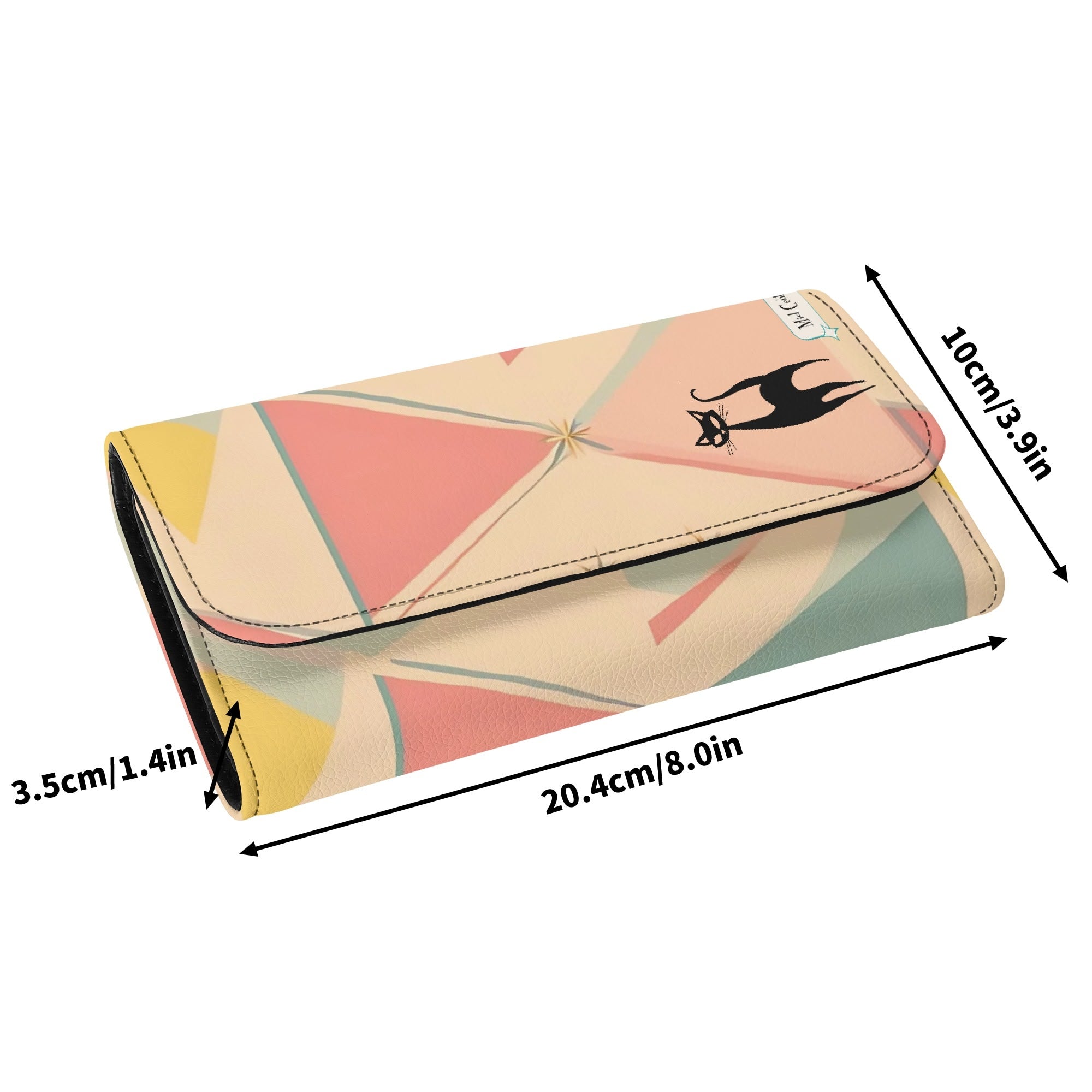 Atomic Cat Pink Aqua Blue, Mint Green Starburst Retro Mid Mod Trifold Clutch Long Wallet - Mid Century Modern Gal