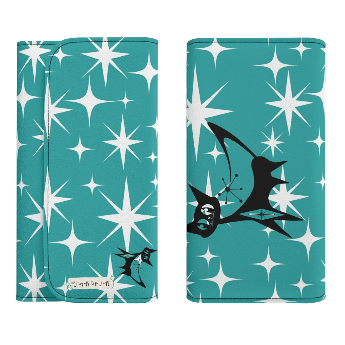 Atomic Cat Aqua Blue Starburst Retro Mid Mod Trifold Clutch Long Wallet - Mid Century Modern Gal