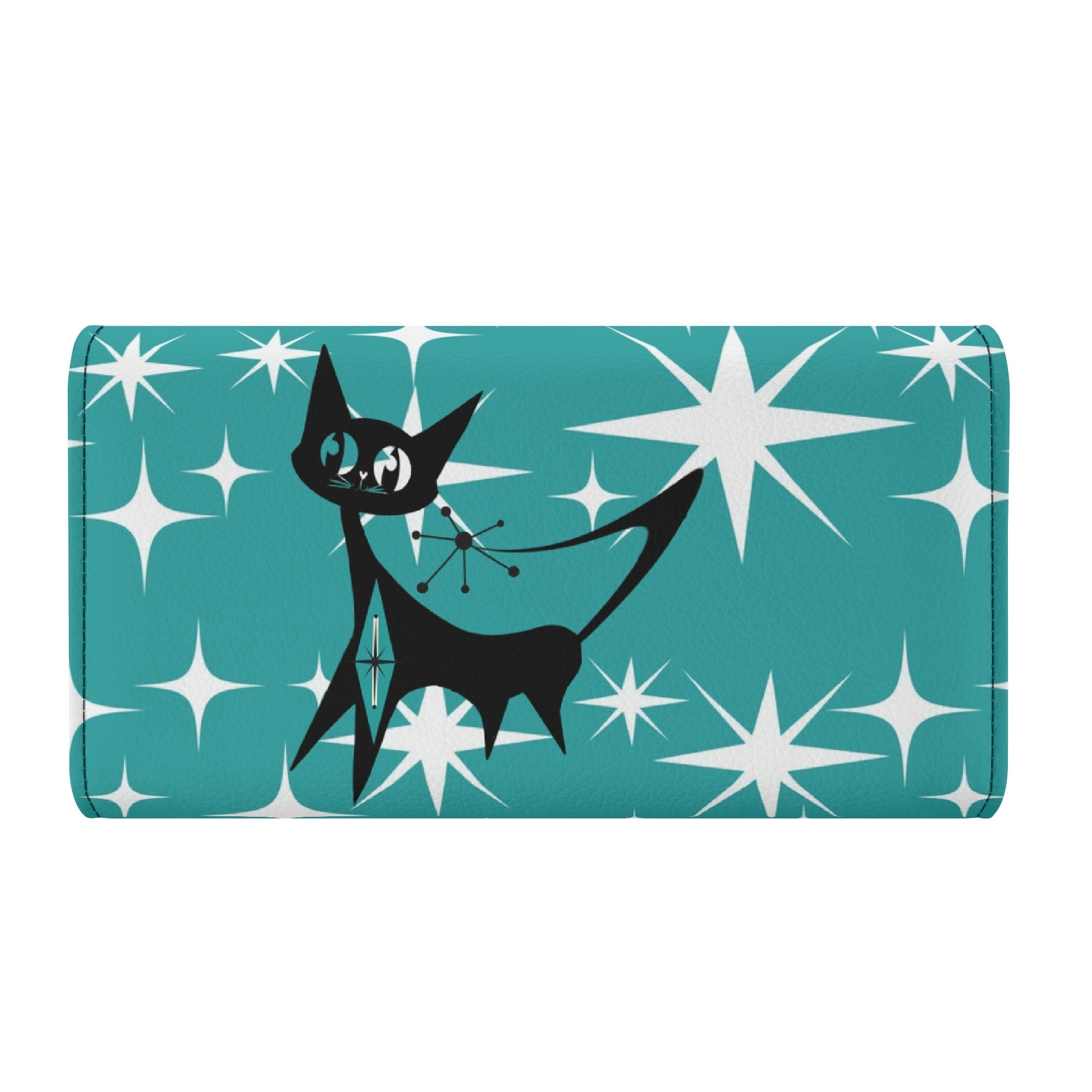 Atomic Cat Aqua Blue Starburst Retro Mid Mod Trifold Clutch Long Wallet - Mid Century Modern Gal