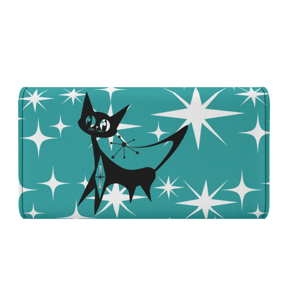Atomic Cat Aqua Blue Starburst Retro Mid Mod Trifold Clutch Long Wallet