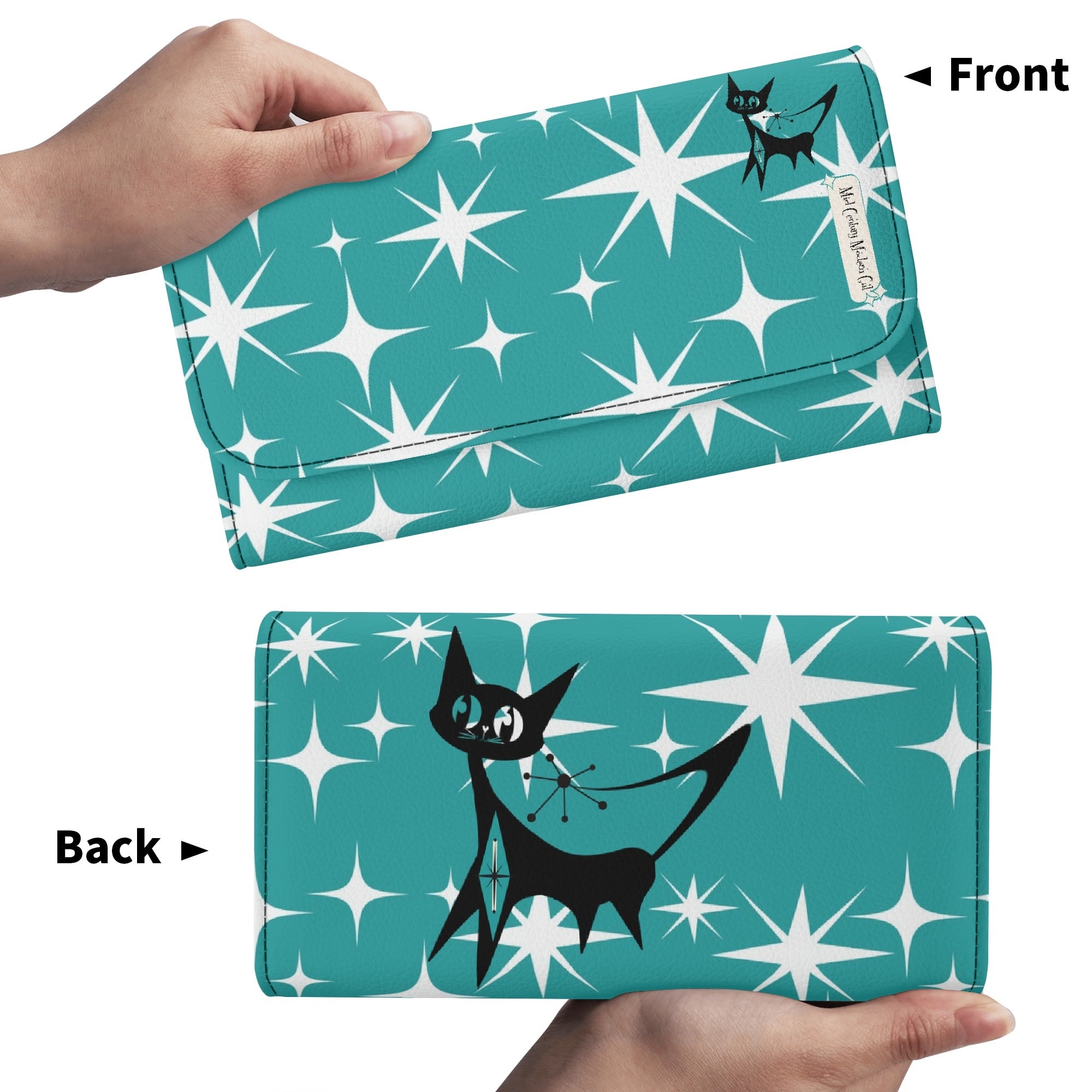 Atomic Cat Aqua Blue Starburst Retro Mid Mod Trifold Clutch Long Wallet - Mid Century Modern Gal