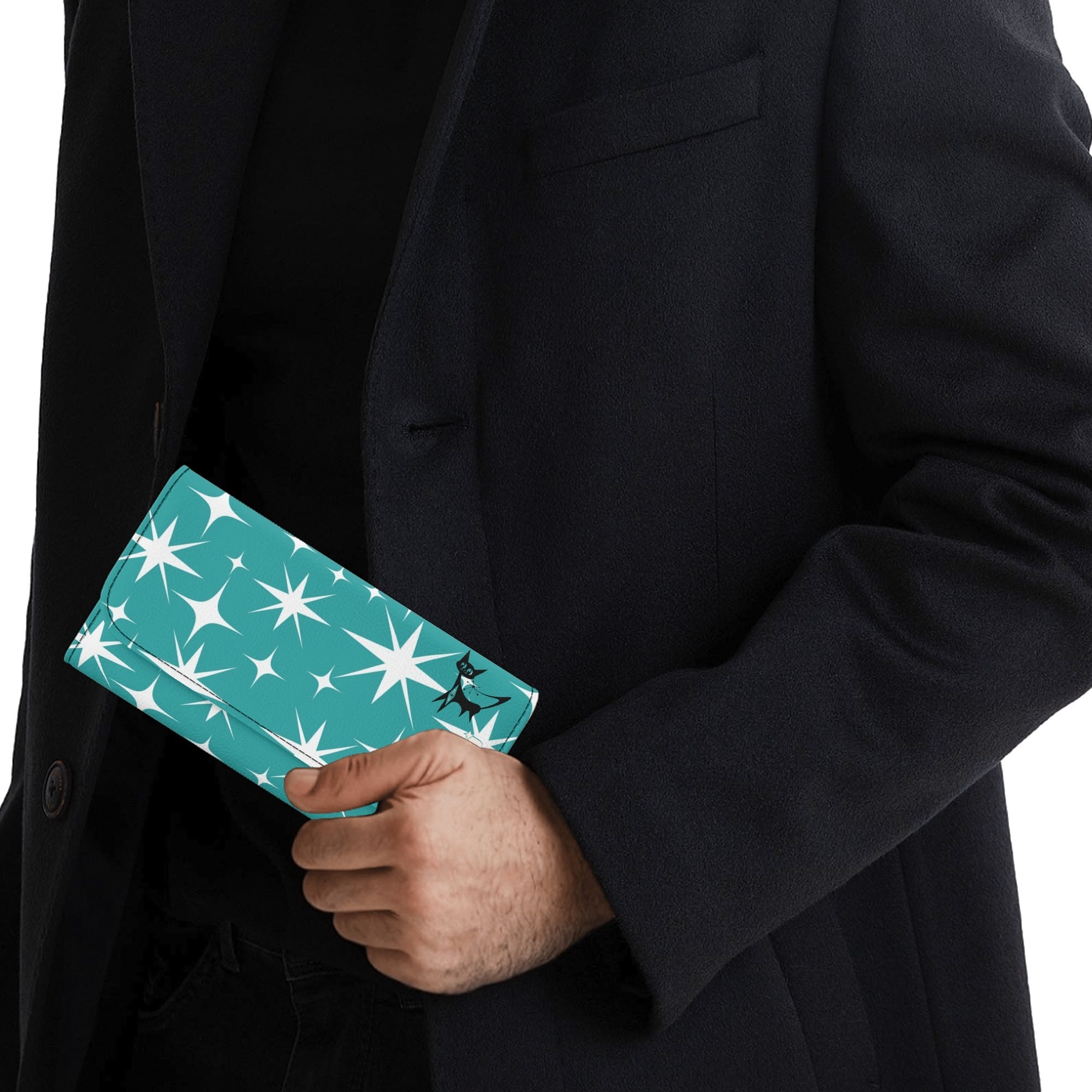 Atomic Cat Aqua Blue Starburst Retro Mid Mod Trifold Clutch Long Wallet - Mid Century Modern Gal