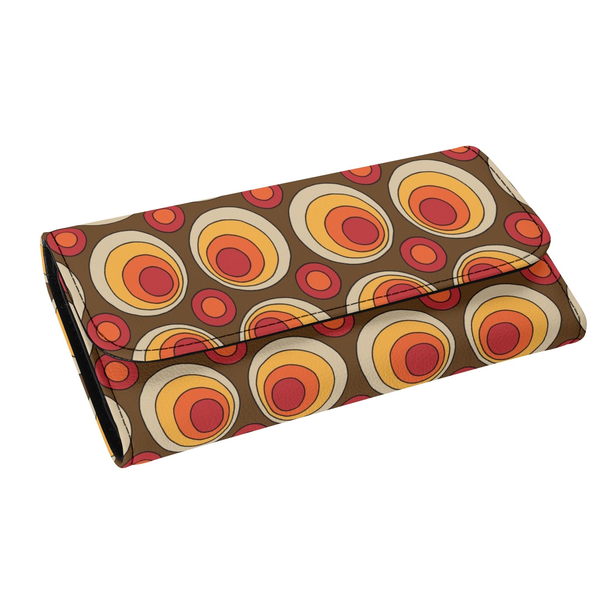 Retro 70s Groovy Clutch Wallet, Brown Orange Space Orbs - Mid Century Modern Gal