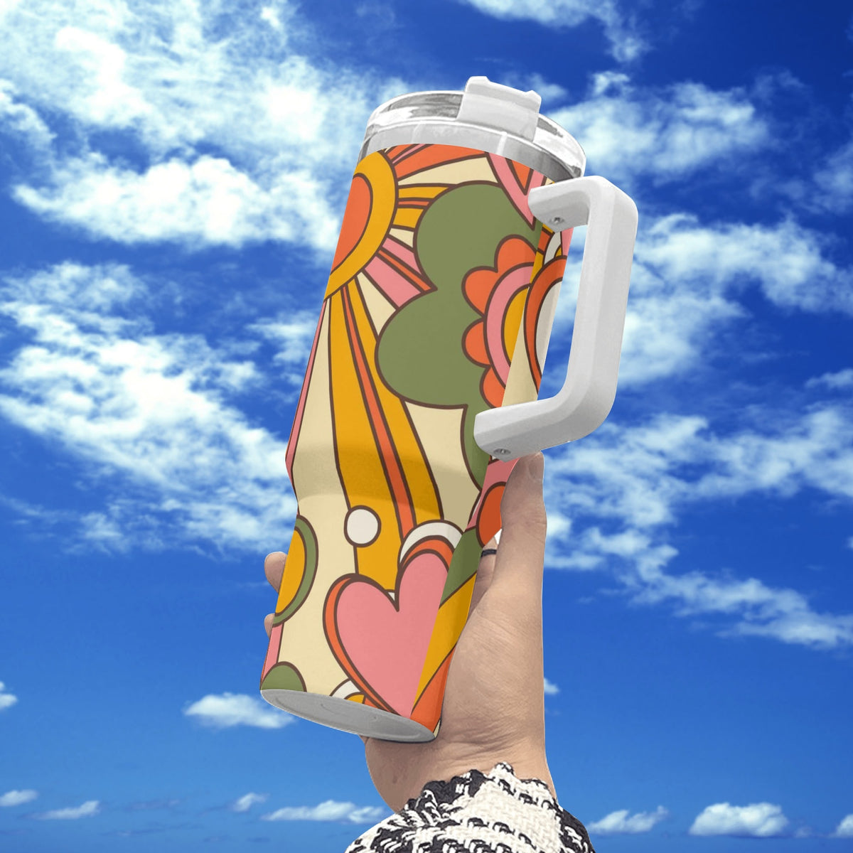 Retro 70s Groovy Ray Of Sunshine Mid Mod Atomic Cat 40oz Stainless Steel Tumbler Gift With White Handle and Straw - Mid Century Modern Gal