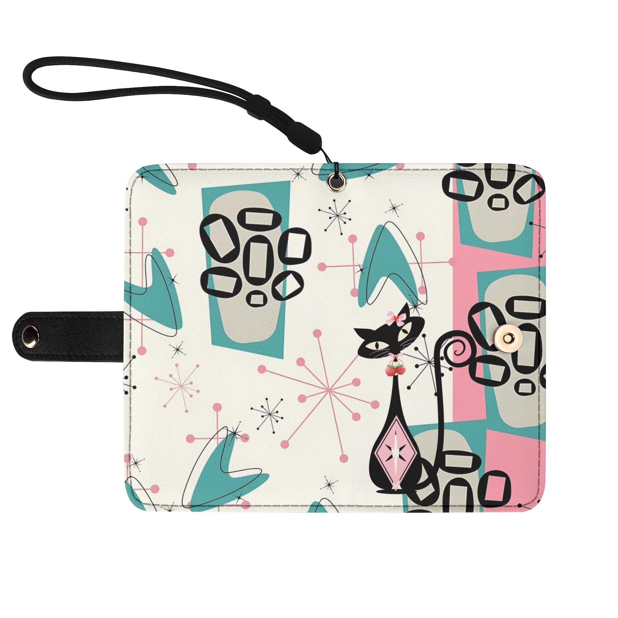 Atomic Cat Flip Phone Case, Pink Aqua Boomerang Starburst Phone Cover Wristlet - Mid Century Modern Gal