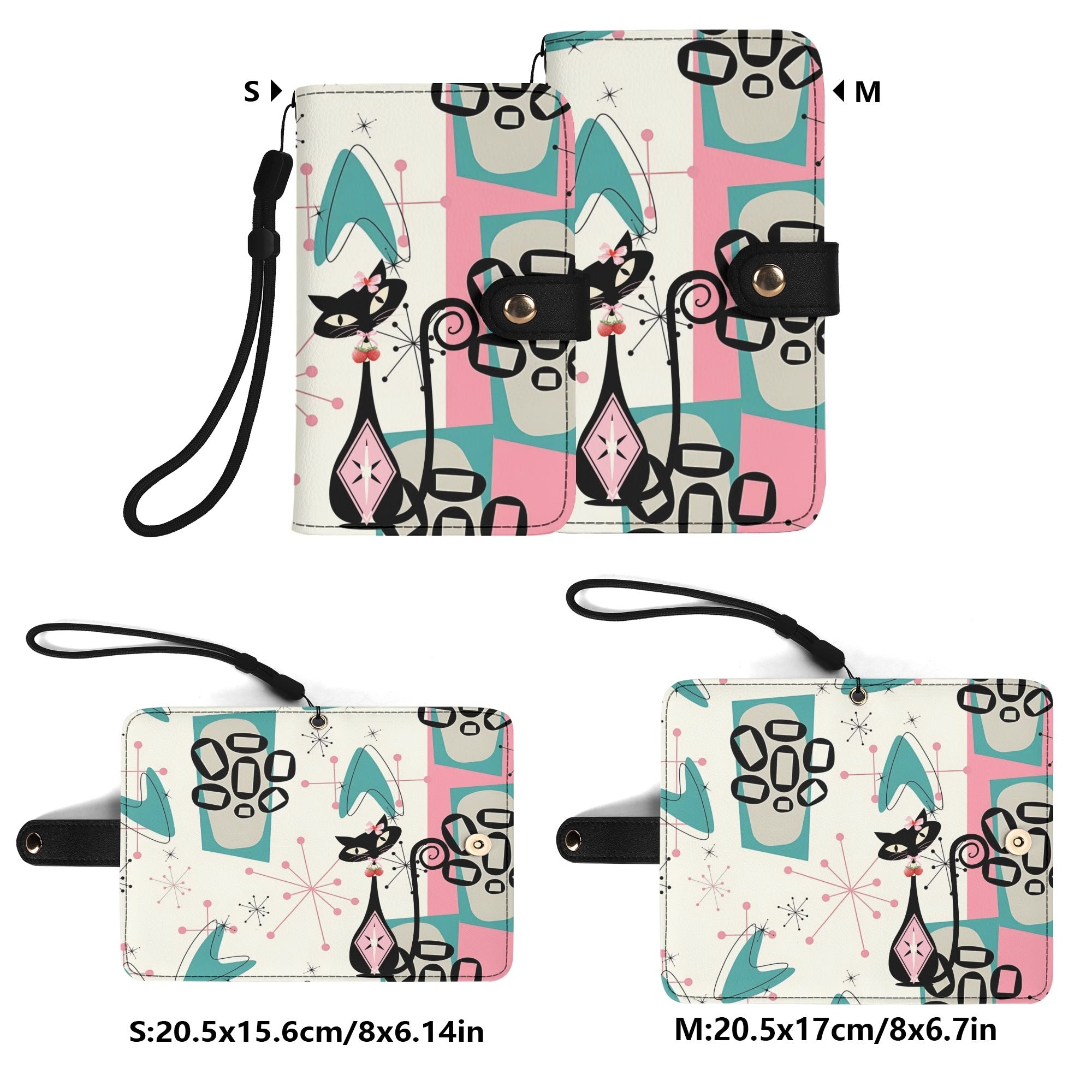Atomic Cat Flip Phone Case, Pink Aqua Boomerang Starburst Phone Cover Wristlet - Mid Century Modern Gal