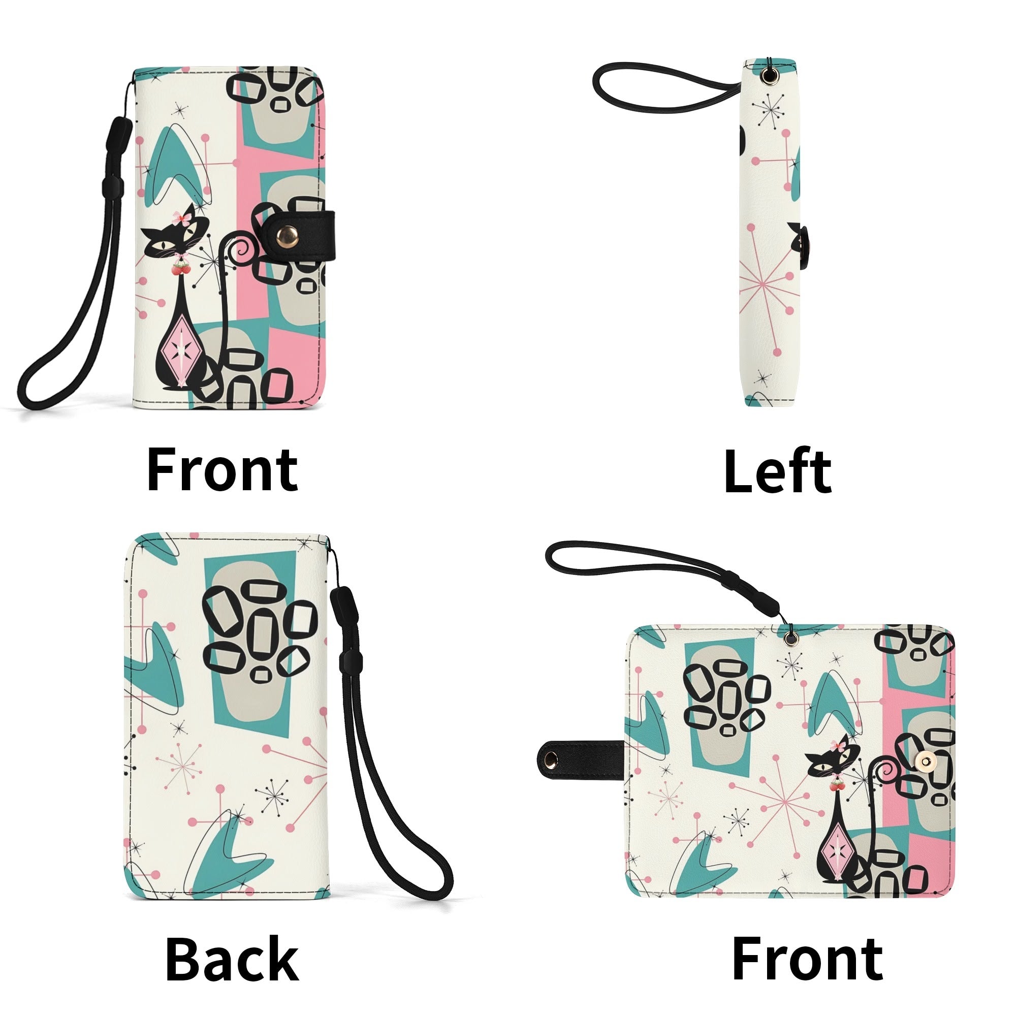 Atomic Cat Flip Phone Case, Pink Aqua Boomerang Starburst Phone Cover Wristlet - Mid Century Modern Gal
