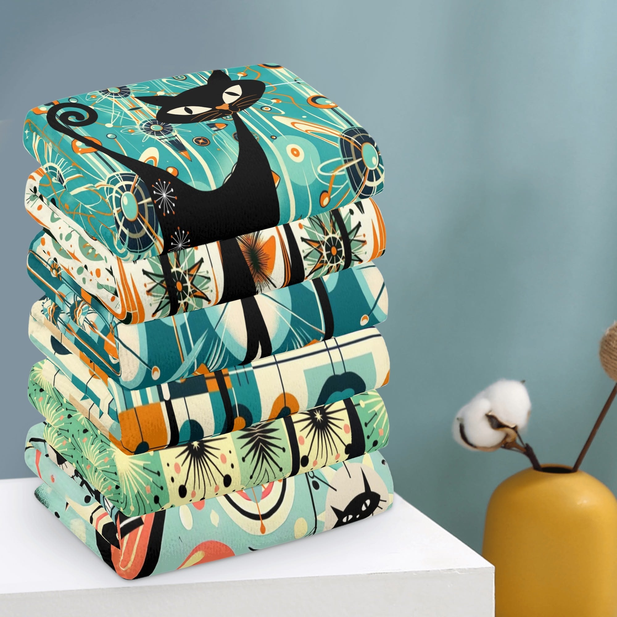 Atomic Space Cats Mid Century Modern Kitschy Bath Kitchen Towels - Mid Century Modern Gal