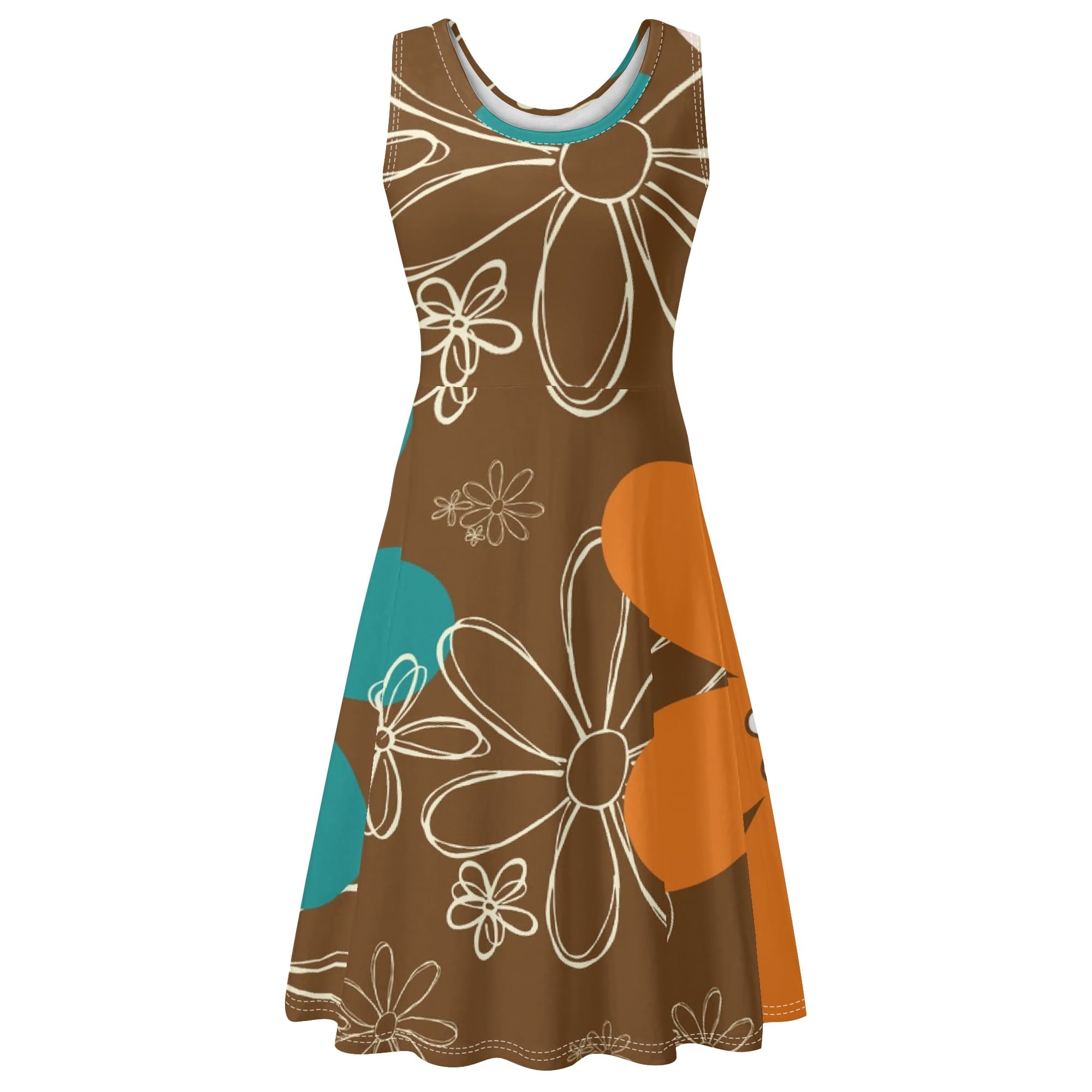 70s Groovy Mid Mod Flower Summer Womens Tank Dress Midi Wrap Round Neck Sleeveless Sundress - Mid Century Modern Gal