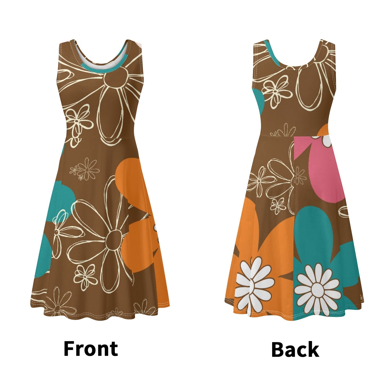 70s Groovy Mid Mod Flower Summer Womens Tank Dress Midi Wrap Round Neck Sleeveless Sundress - Mid Century Modern Gal