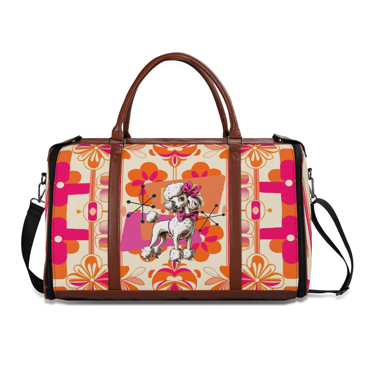 Mid Mod Travel Trifold Bag, 50s Poodle, Hot Pink Orange Kitschy MCM Travel Vibes - Mid Century Modern Gal