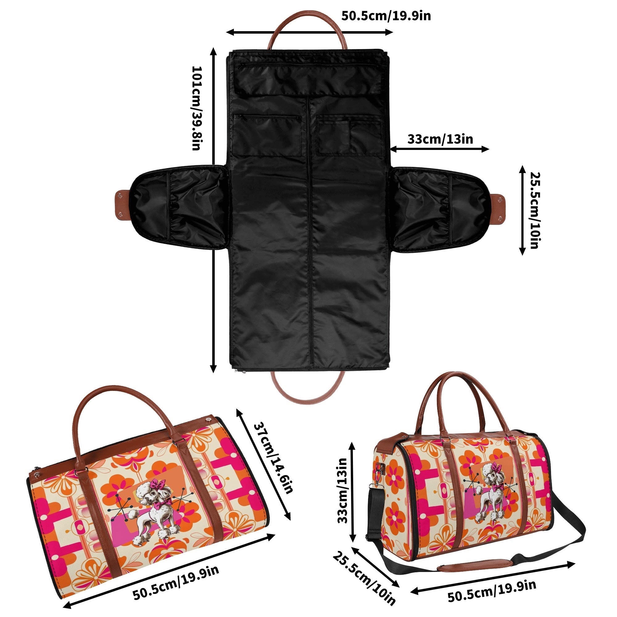 Mid Mod Travel Trifold Bag, 50s Poodle, Hot Pink Orange Kitschy MCM Travel Vibes - Mid Century Modern Gal