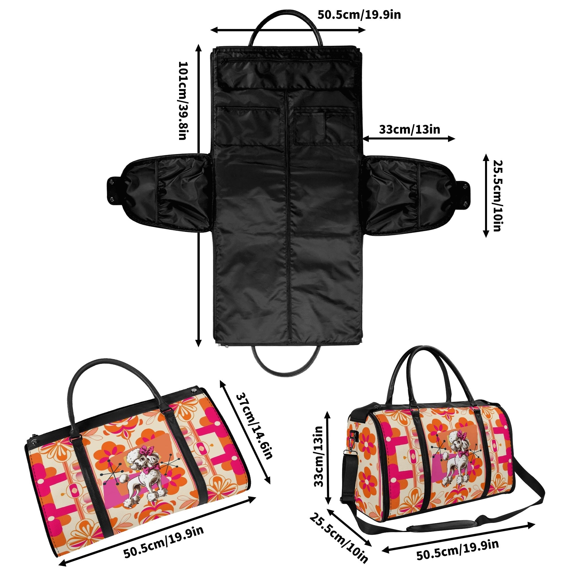 Mid Mod Travel Trifold Bag, 50s Poodle, Hot Pink Orange Kitschy MCM Travel Vibes - Mid Century Modern Gal