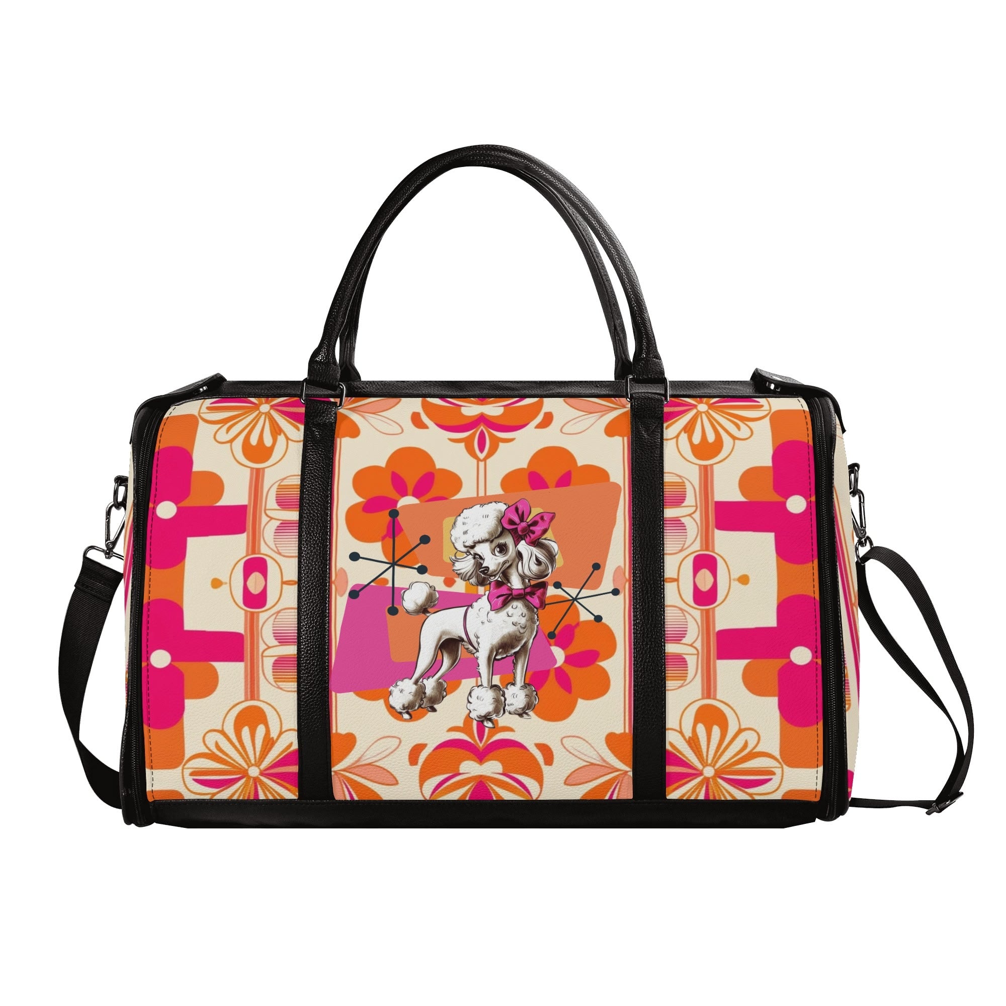 Mid Mod Travel Trifold Bag, 50s Poodle, Hot Pink Orange Kitschy MCM Travel Vibes - Mid Century Modern Gal