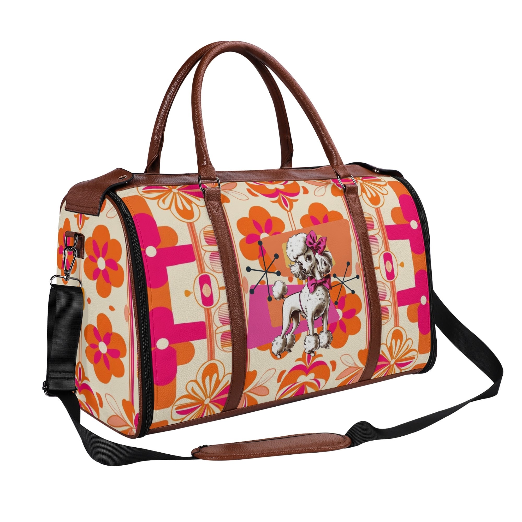 Mid Mod Travel Trifold Bag, 50s Poodle, Hot Pink Orange Kitschy MCM Travel Vibes - Mid Century Modern Gal