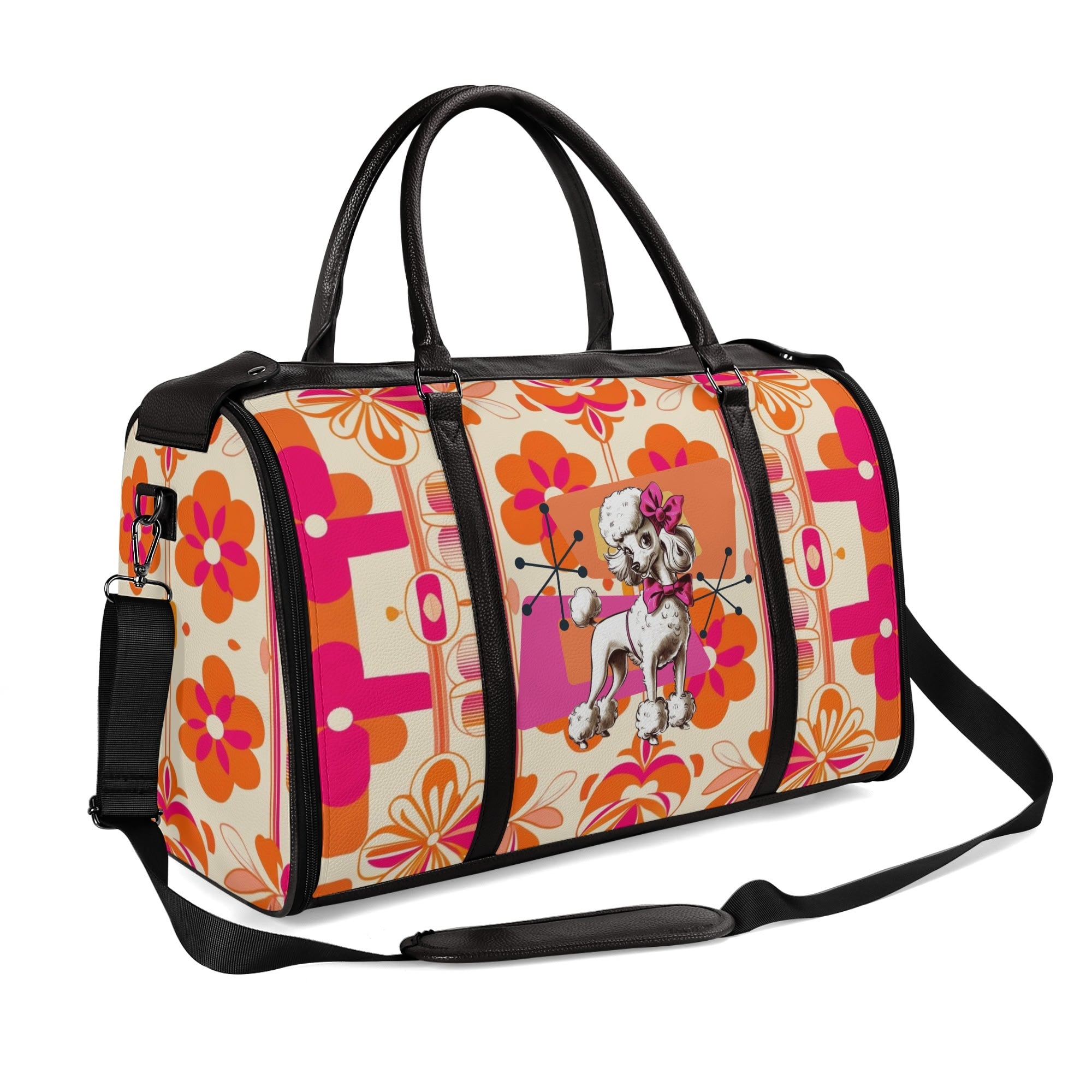 Mid Mod Travel Trifold Bag, 50s Poodle, Hot Pink Orange Kitschy MCM Travel Vibes - Mid Century Modern Gal
