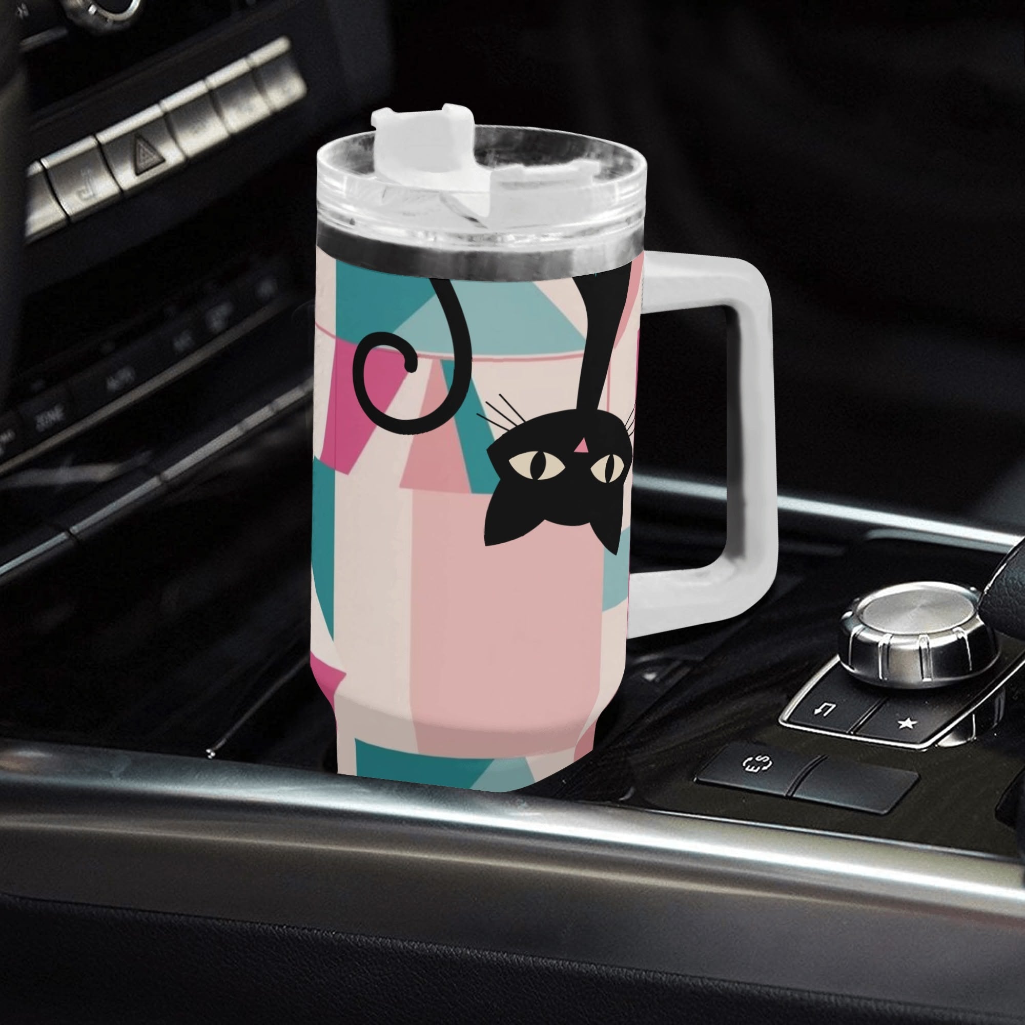 Atomic Kittie Cats, Kitschy Mid Mod Geometric Pink, Blue Retro Tumbler - Mid Century Modern Gal