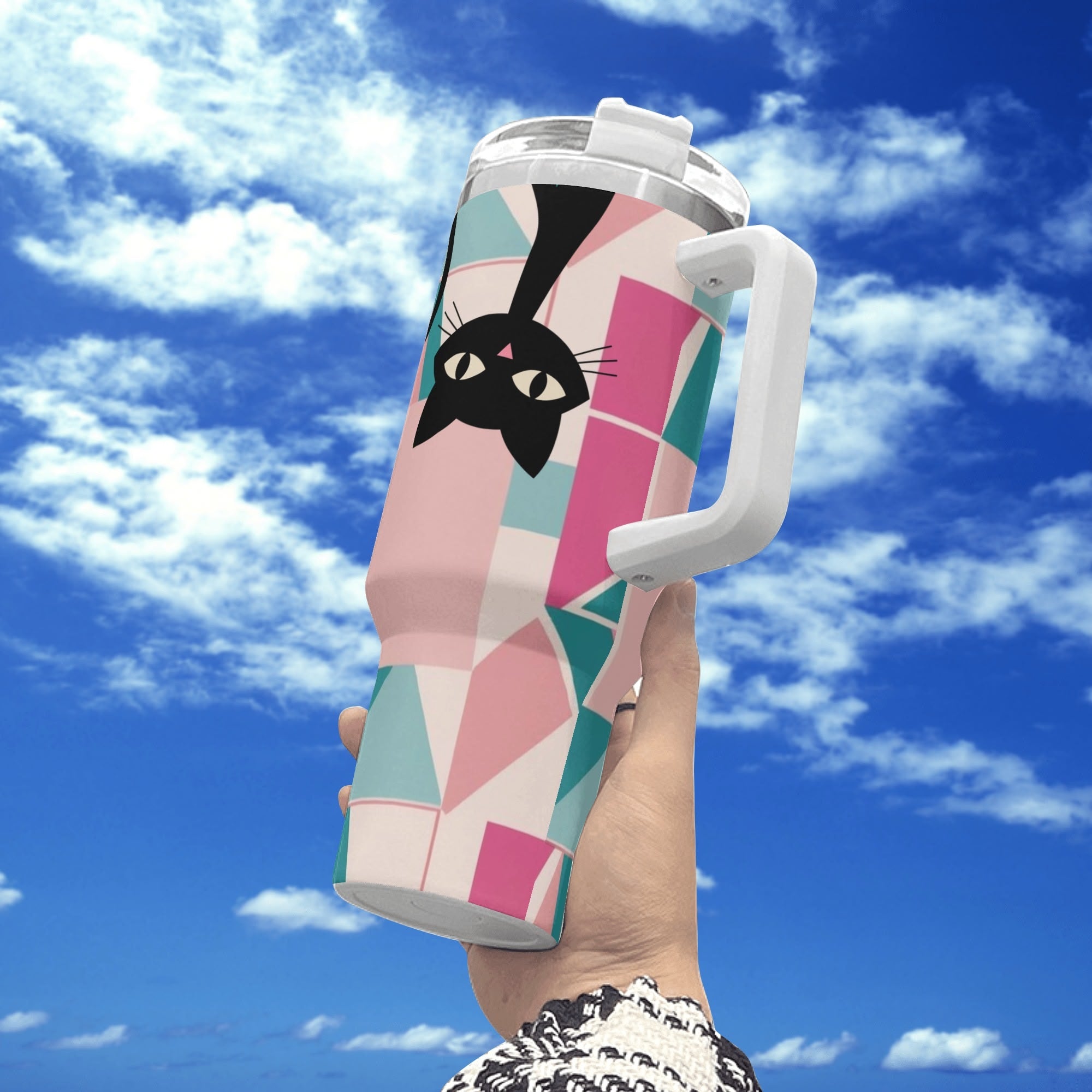 Atomic Kittie Cats, Kitschy Mid Mod Geometric Pink, Blue Retro Tumbler - Mid Century Modern Gal
