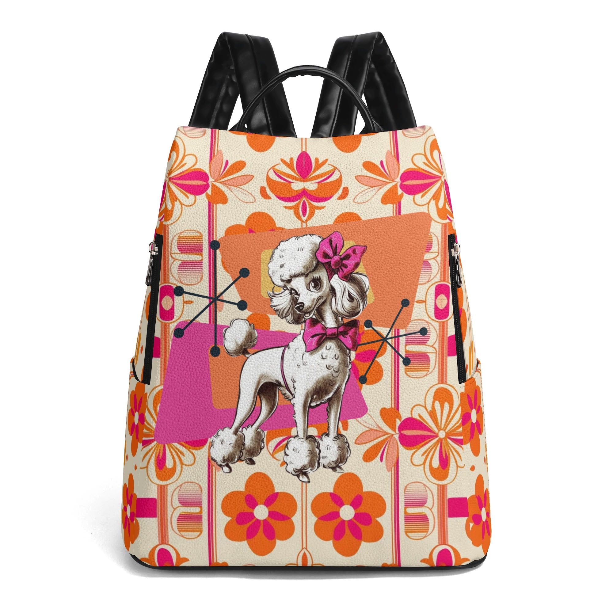 Atomic 50s Kitschy Poodle, Hot Pink Orange Mid Mod Travel Daypack Anti-theft Backpack - Mid Century Modern Gal