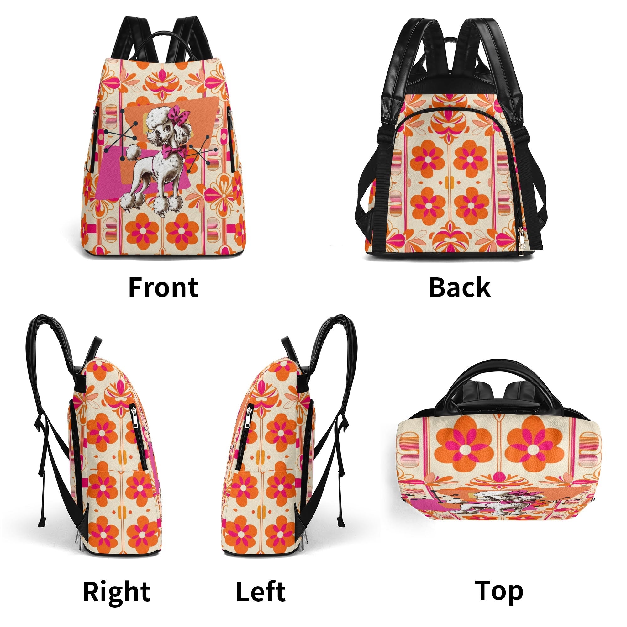 Atomic 50s Kitschy Poodle, Hot Pink Orange Mid Mod Travel Daypack Anti-theft Backpack - Mid Century Modern Gal