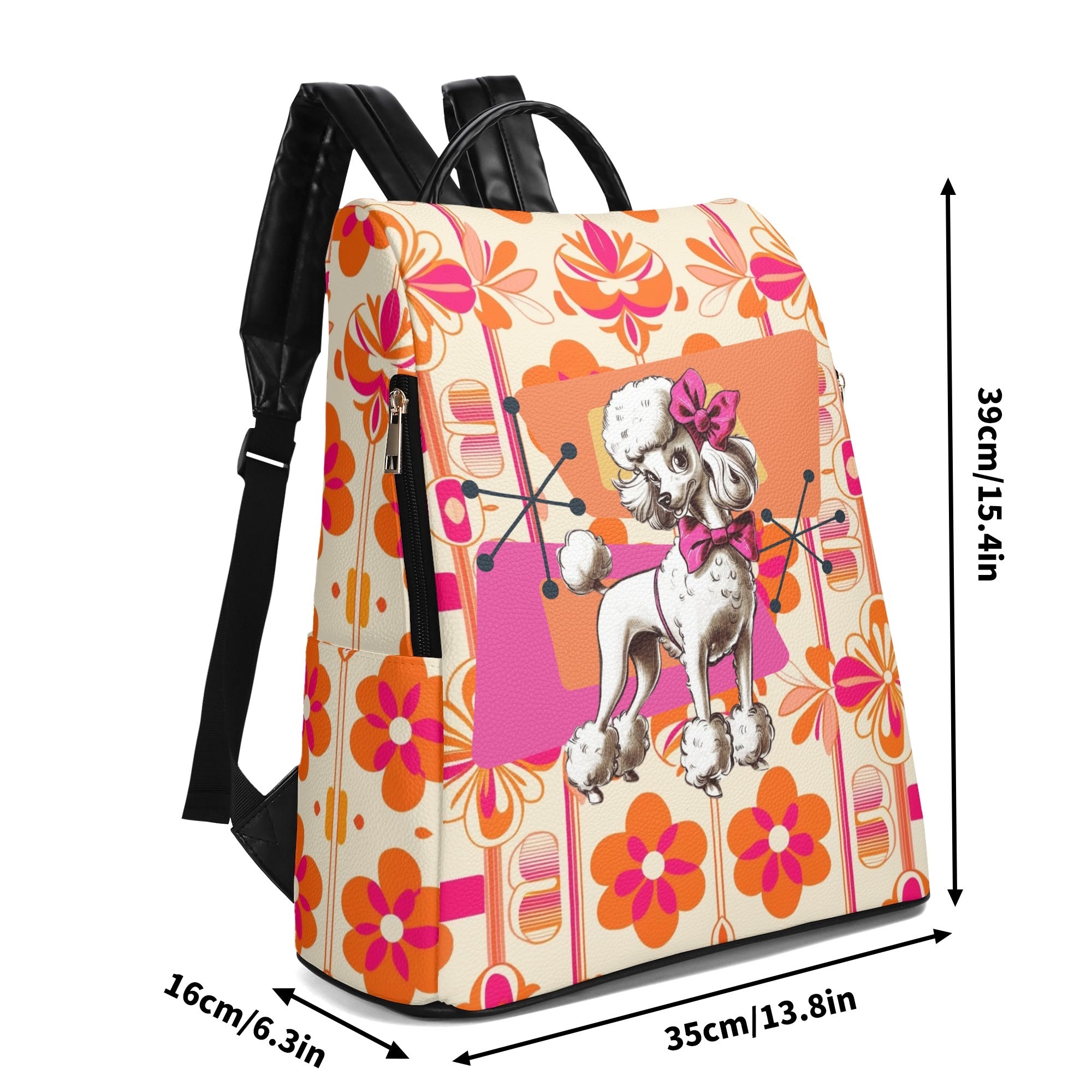 Atomic 50s Kitschy Poodle, Hot Pink Orange Mid Mod Travel Daypack Anti-theft Backpack - Mid Century Modern Gal