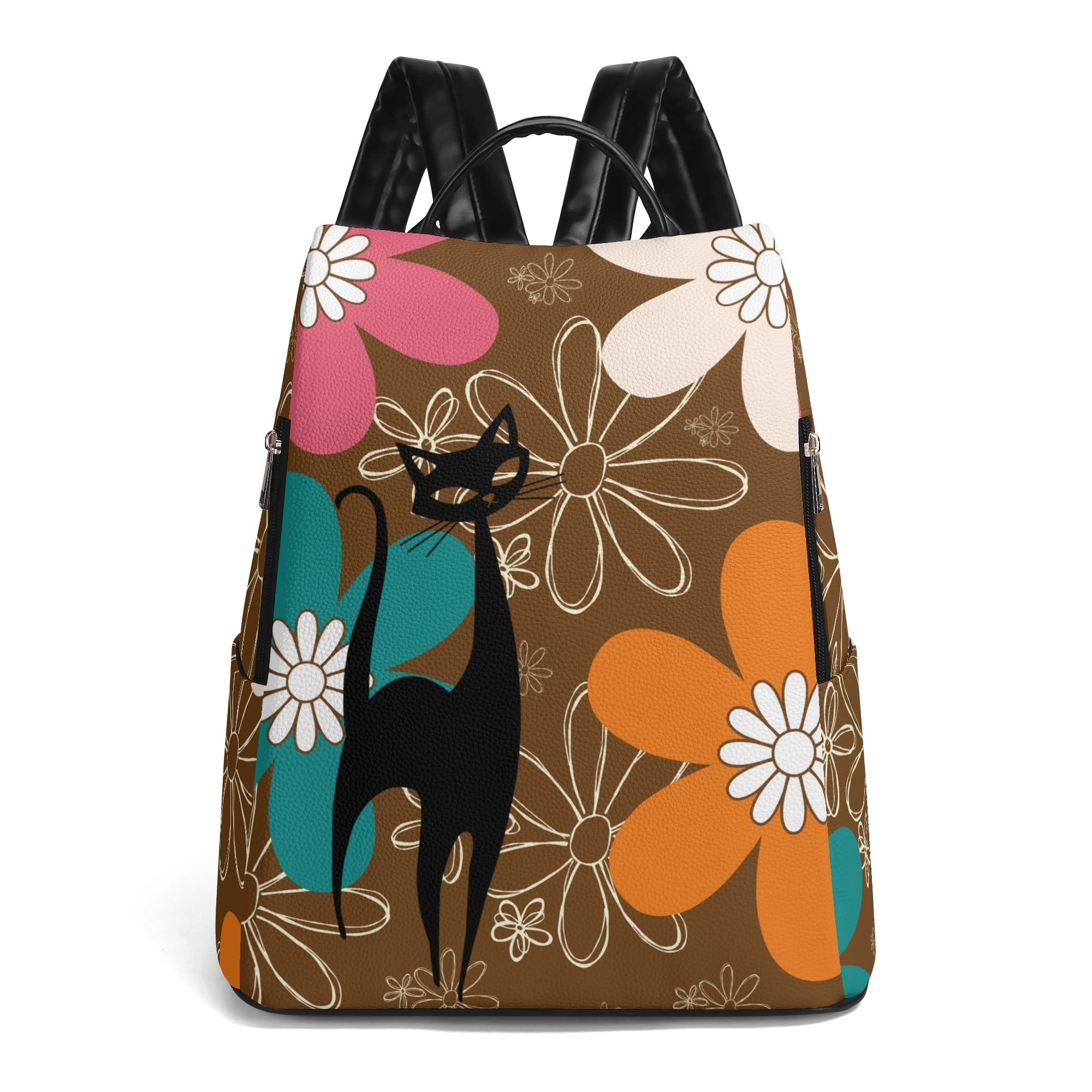 Mid Century Atomic Cat Retro Flower Power 70s Vibe Design, Mid Mod Travel Daypack Anti-theft Backpack - Mid Century Modern Gal