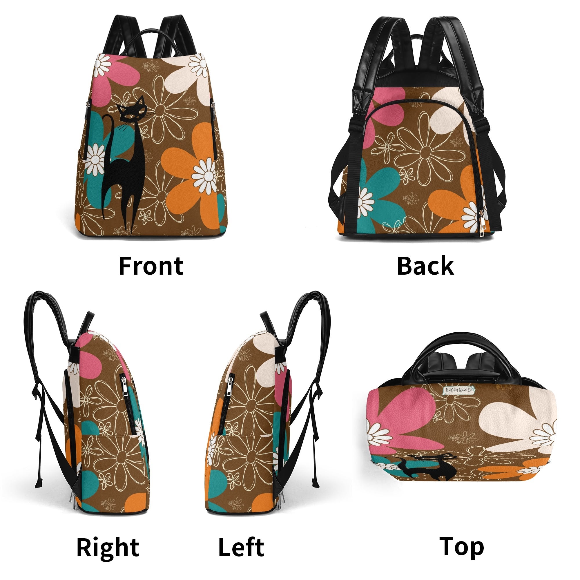 Mid Century Atomic Cat Retro Flower Power 70s Vibe Design, Mid Mod Travel Daypack Anti-theft Backpack - Mid Century Modern Gal