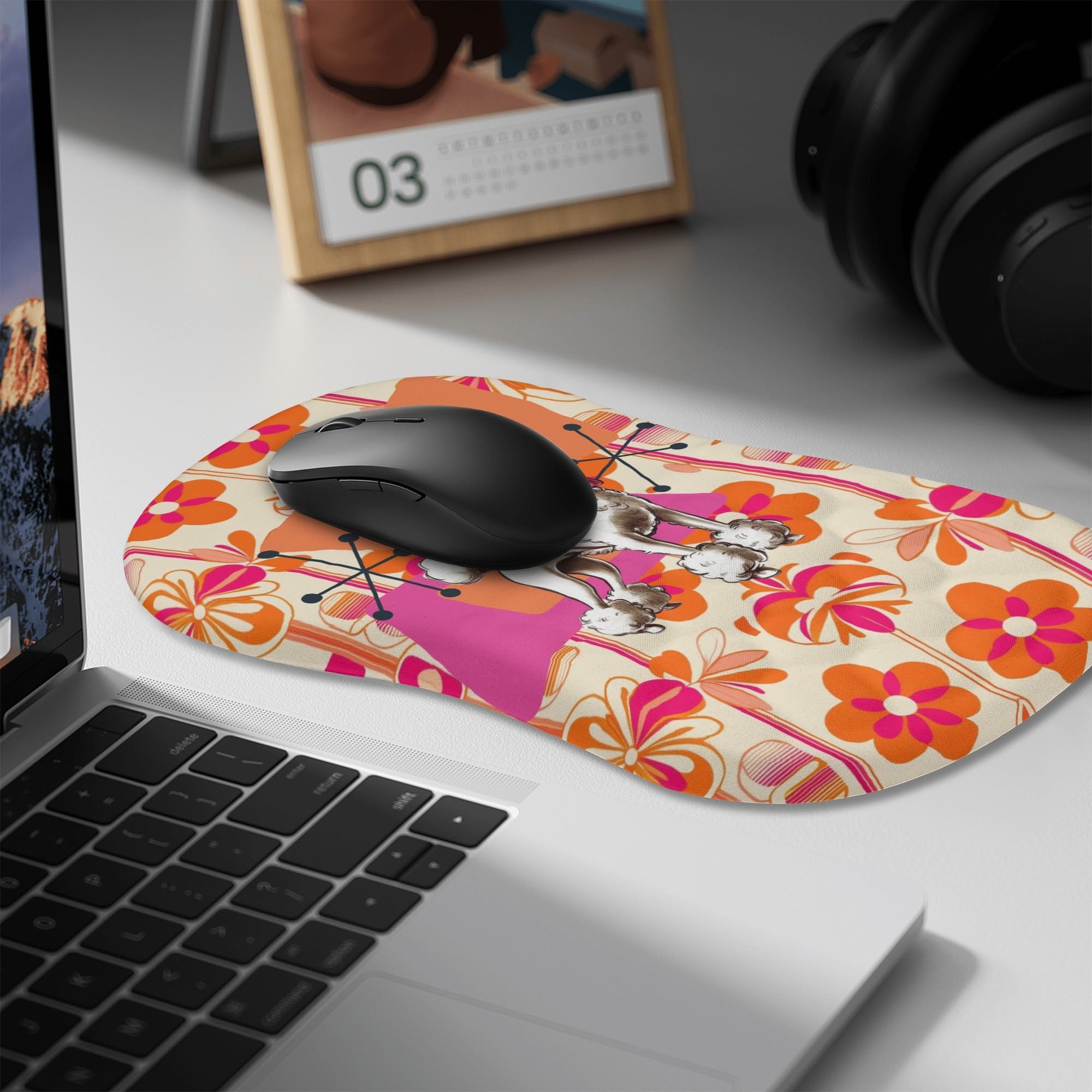 Mid Mod Kitschy Poodle, Hot Pink Orange, Retro MCM Floral Comfortable Mouse Pad Wrist Support Wrist Rest for Office & Home - Mid Century Modern Gal