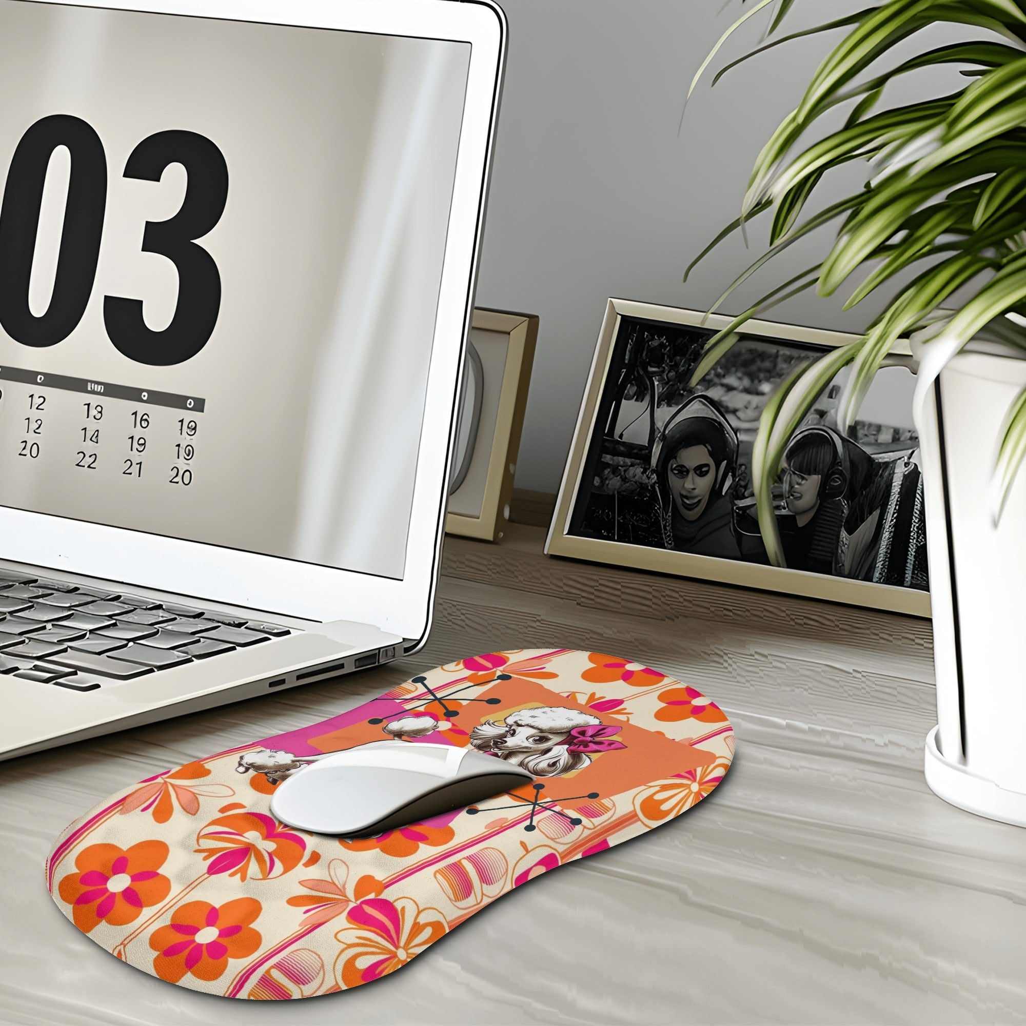 Mid Mod Kitschy Poodle, Hot Pink Orange, Retro MCM Floral Comfortable Mouse Pad Wrist Support Wrist Rest for Office & Home - Mid Century Modern Gal