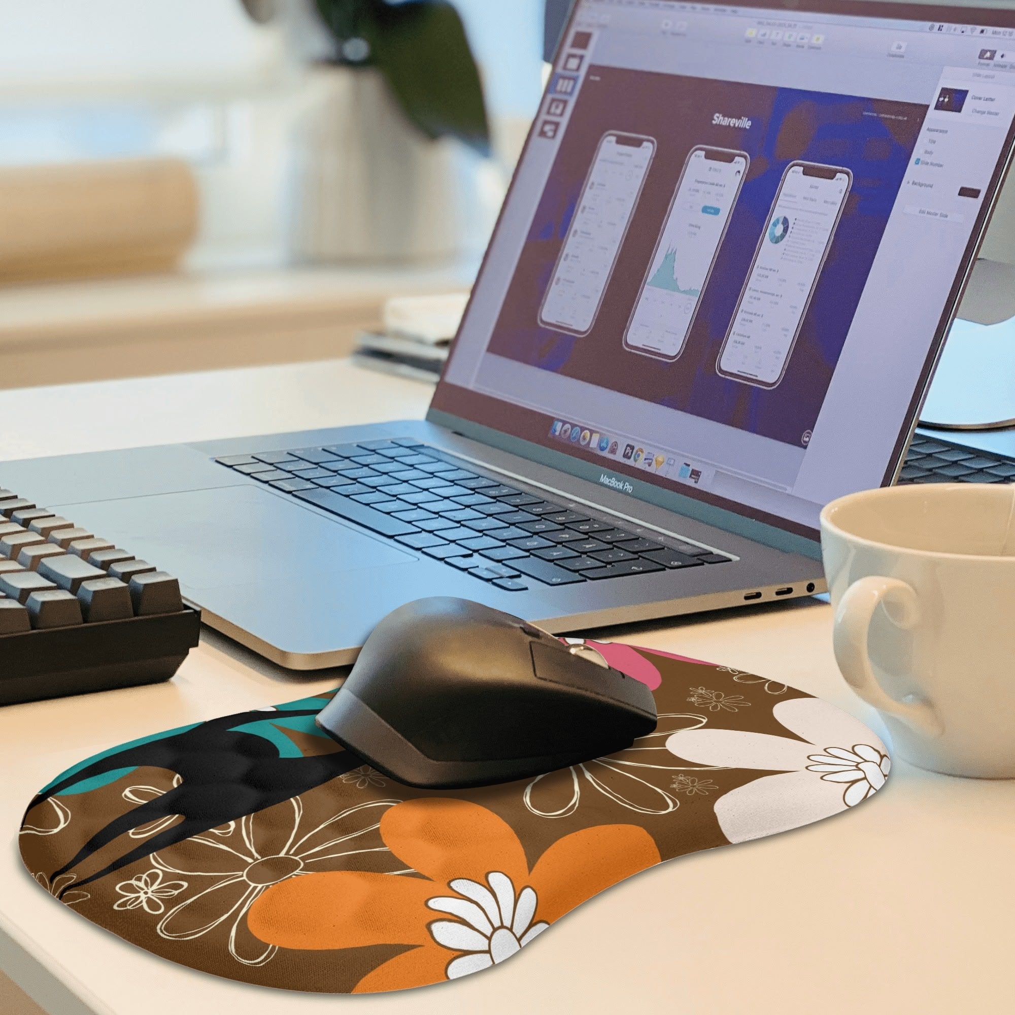 Retro 70s Flower Power Brown Orange Pink, Mid Mod Comfortable Mouse Pad Wrist Support Wrist Rest for Office & Home - Mid Century Modern Gal