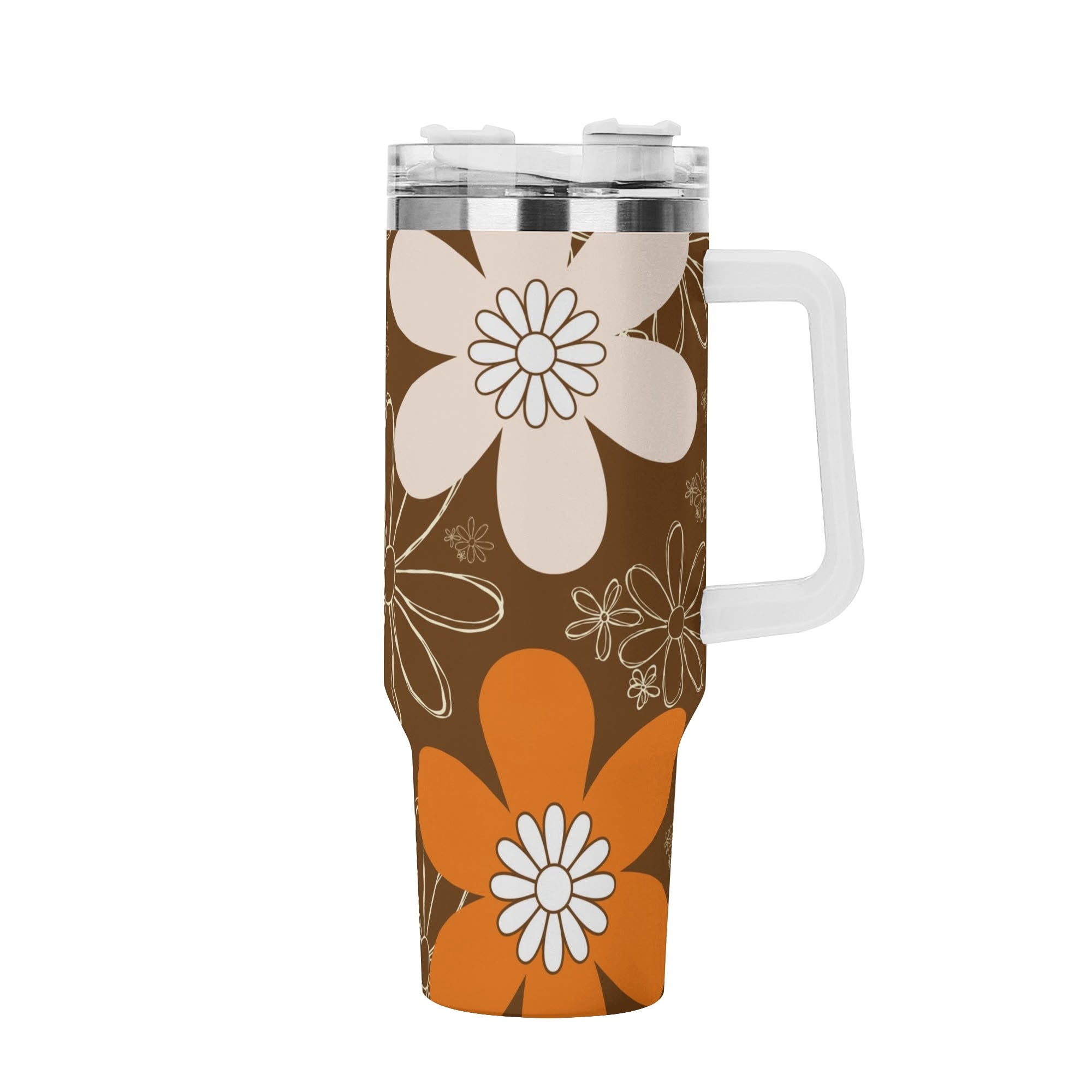 Retro 70s Flower Power, Brown, Orange Pink, Groovy Mod 40oz Stainless Steel Tumbler Gift With White Handle and Straw - Mid Century Modern Gal