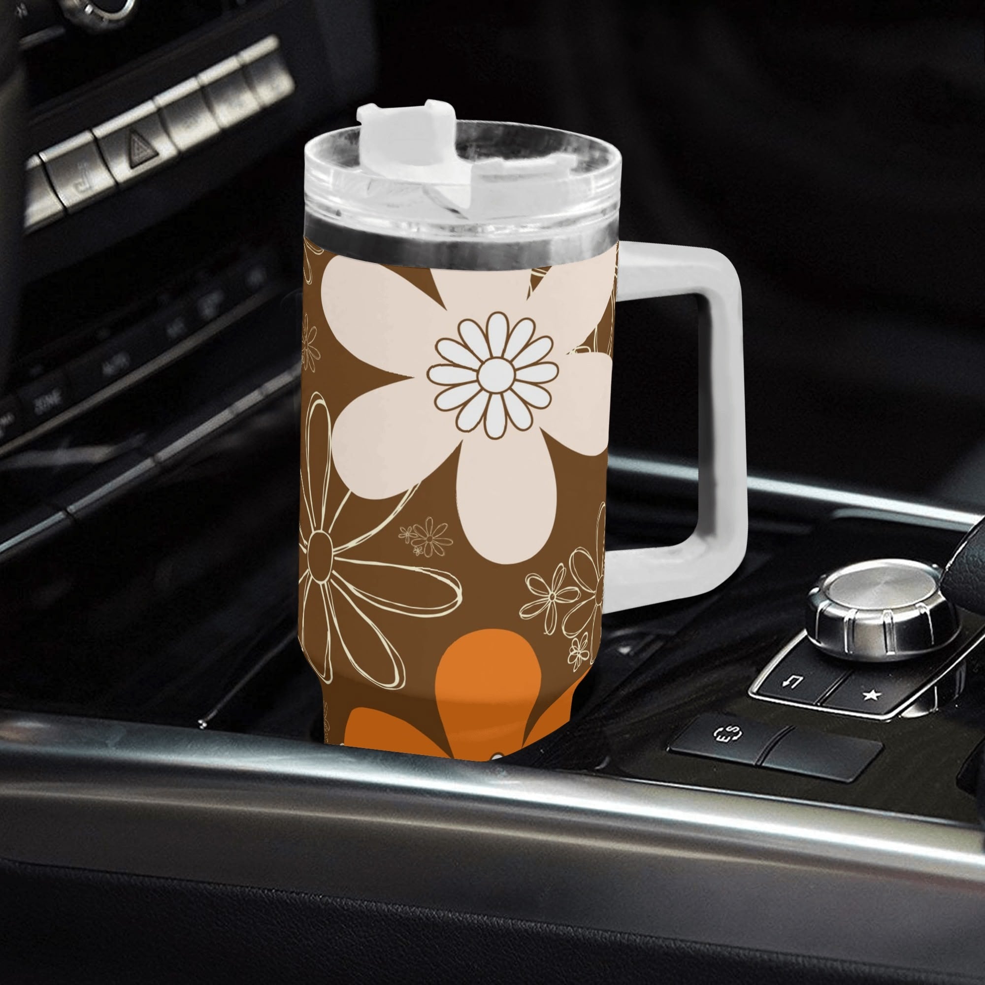 Retro 70s Flower Power, Brown, Orange Pink, Groovy Mod 40oz Stainless Steel Tumbler Gift With White Handle and Straw - Mid Century Modern Gal
