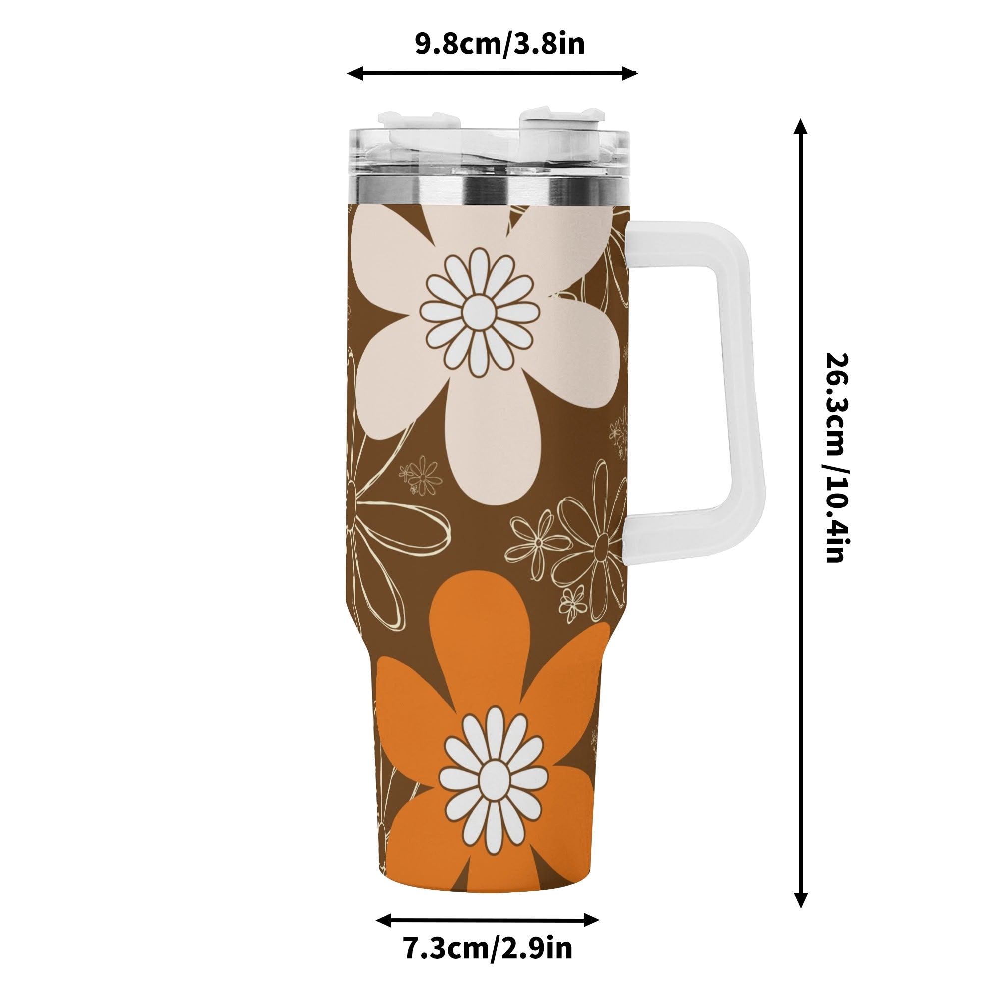 Retro 70s Flower Power, Brown, Orange Pink, Groovy Mod 40oz Stainless Steel Tumbler Gift With White Handle and Straw - Mid Century Modern Gal
