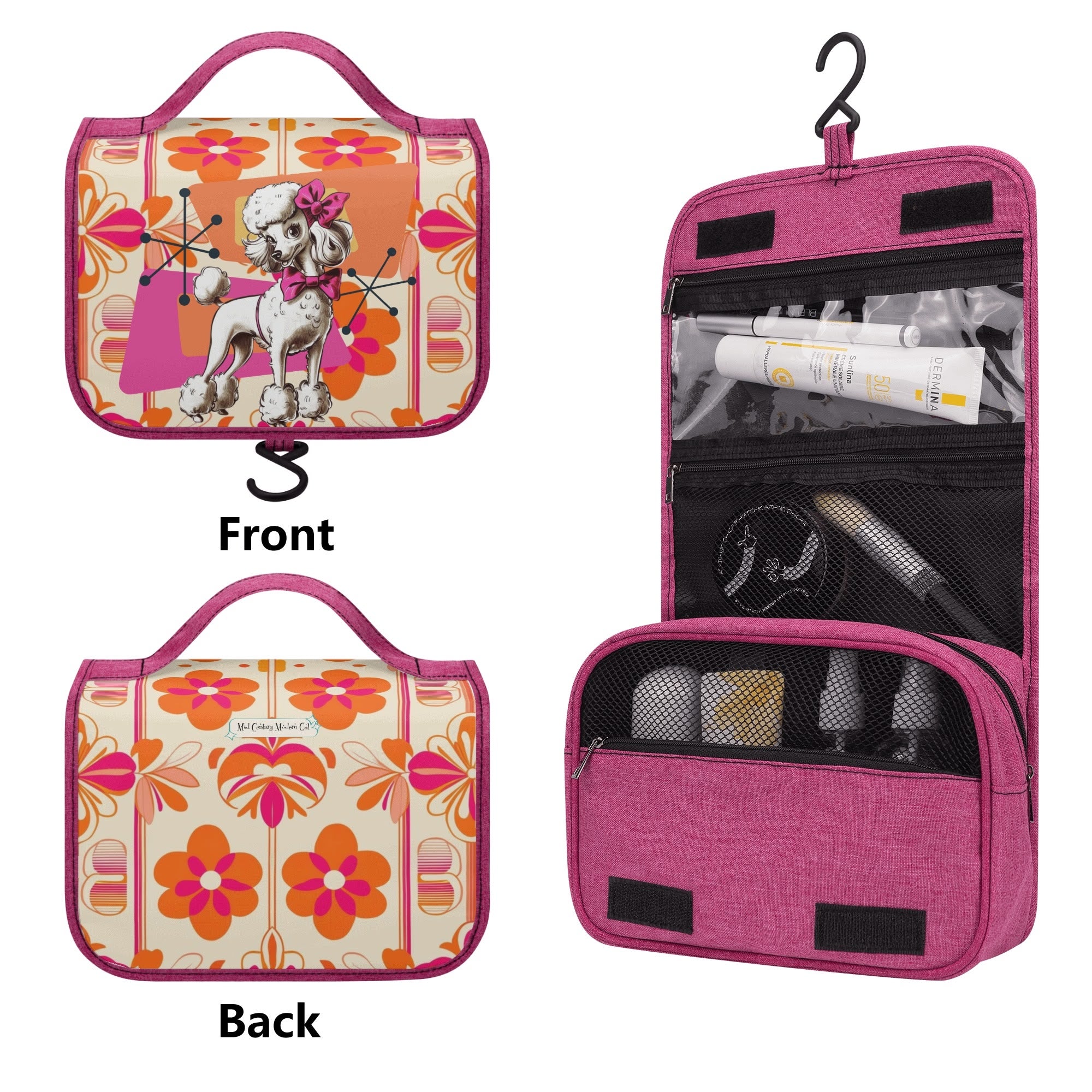 Atomic 50s Poodle Kitschy Mod Hot Pink, Orange Retro Toiletry Cosmetic Travel Bag - Mid Century Modern Gal