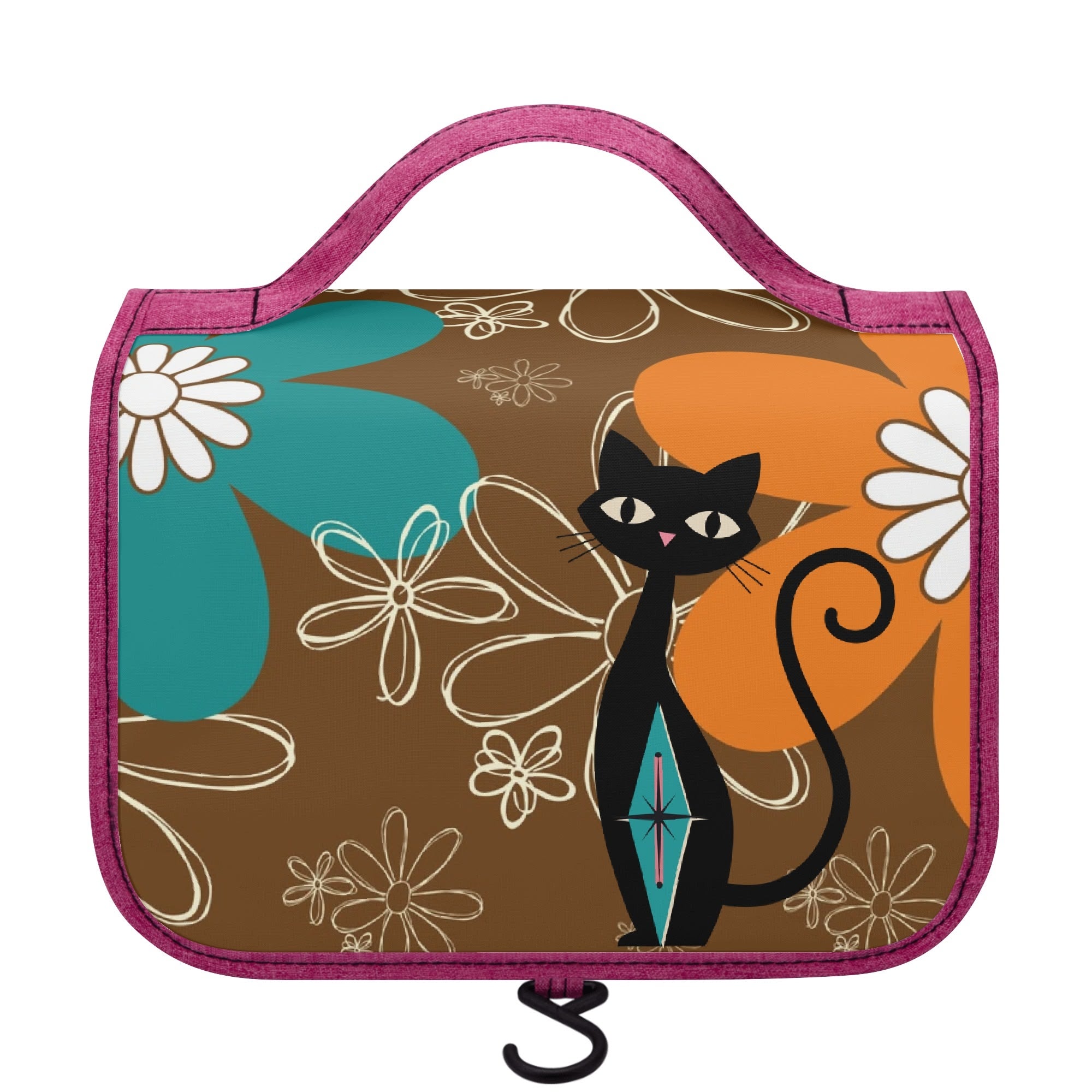 Retro Flower Power Groovy Mod Atomic Cats, Brown Orange, Teal Mod Daisy Toiletry Cosmetic Travel Bag - Mid Century Modern Gal