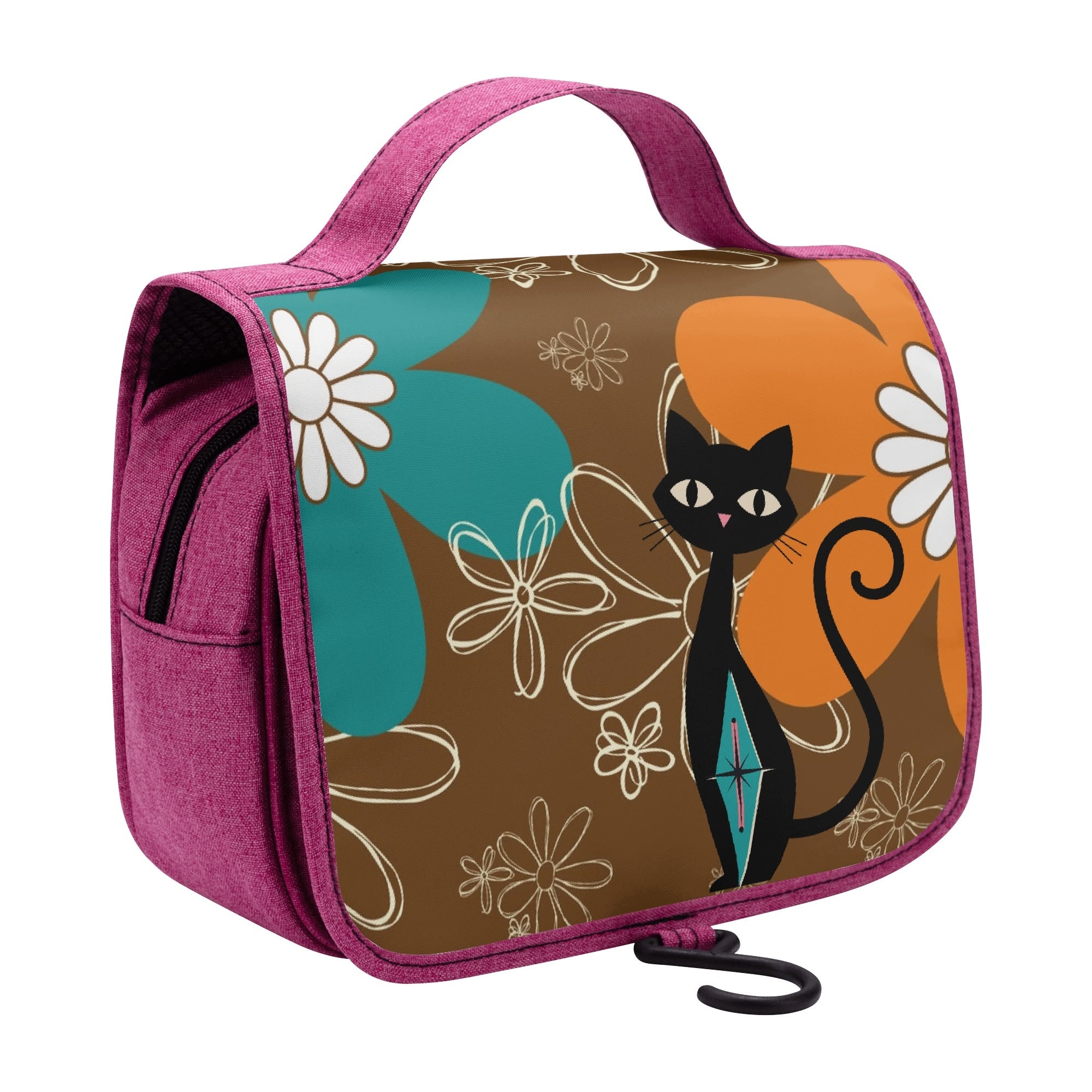 Retro Flower Power Groovy Mod Atomic Cats, Brown Orange, Teal Mod Daisy Toiletry Cosmetic Travel Bag - Mid Century Modern Gal