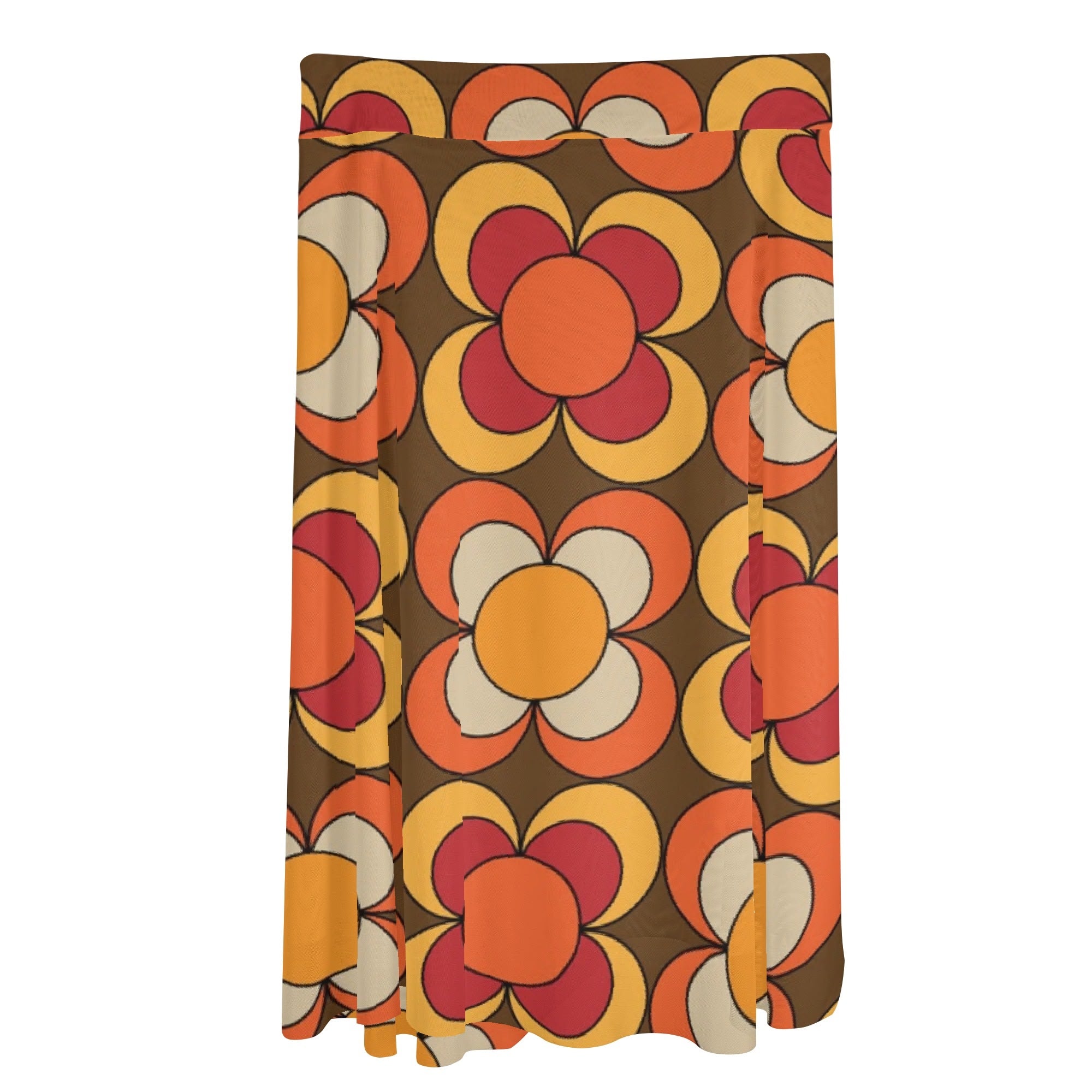 Retro Summer 70s Vibe, Brown Orange Yellow Floral Womens Swimsuit Cover Up Ruffle Tie Side Beach Sarong Wrap Maxi Skirt - Mid Century Modern Gal