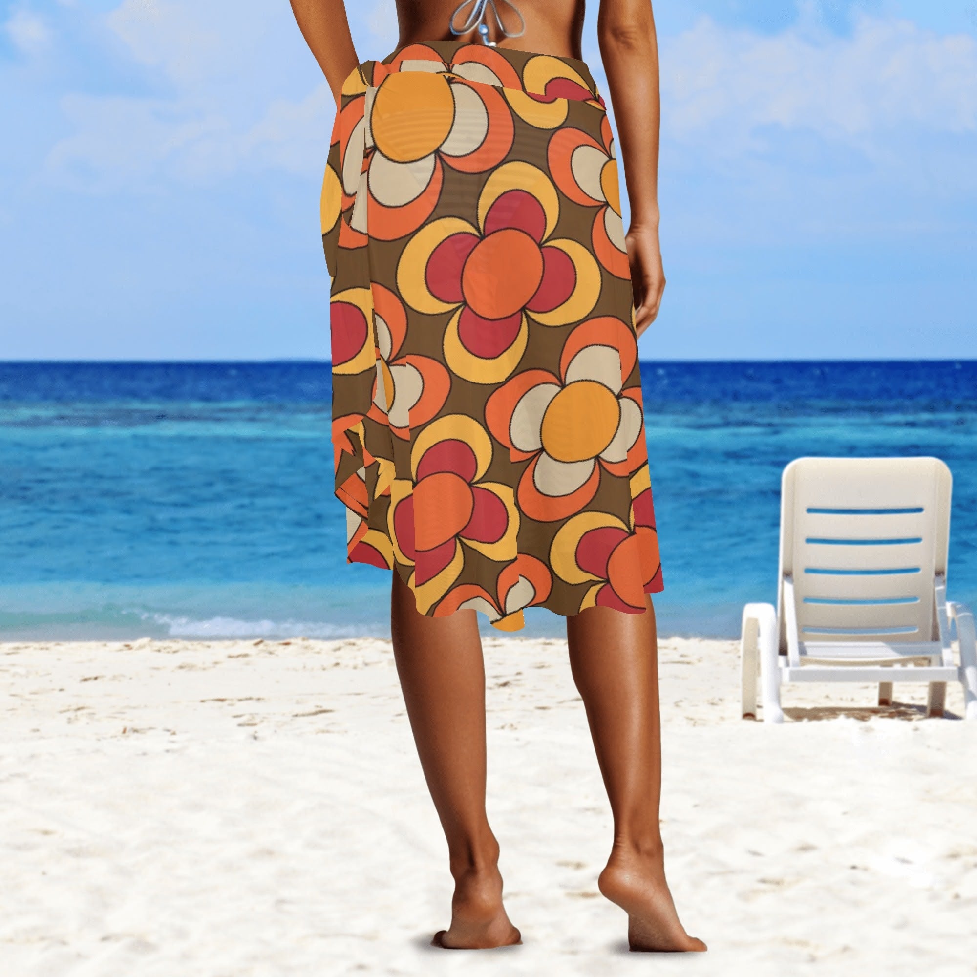 Retro Summer 70s Vibe, Brown Orange Yellow Floral Womens Swimsuit Cover Up Ruffle Tie Side Beach Sarong Wrap Maxi Skirt - Mid Century Modern Gal