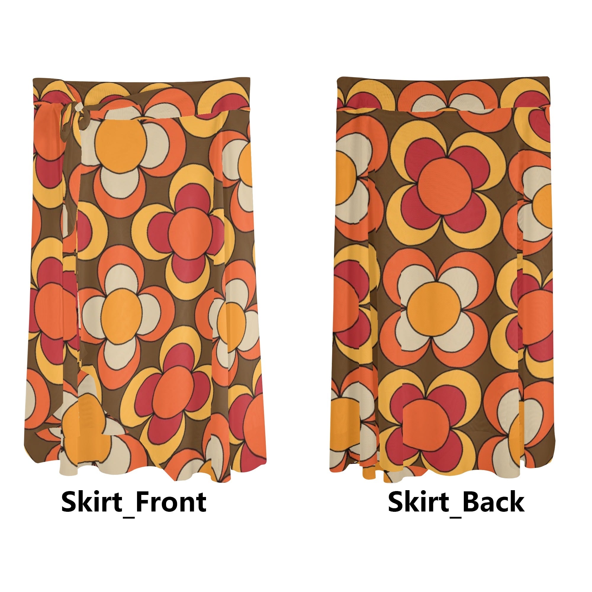 Retro Summer 70s Vibe, Brown Orange Yellow Floral Womens Swimsuit Cover Up Ruffle Tie Side Beach Sarong Wrap Maxi Skirt - Mid Century Modern Gal