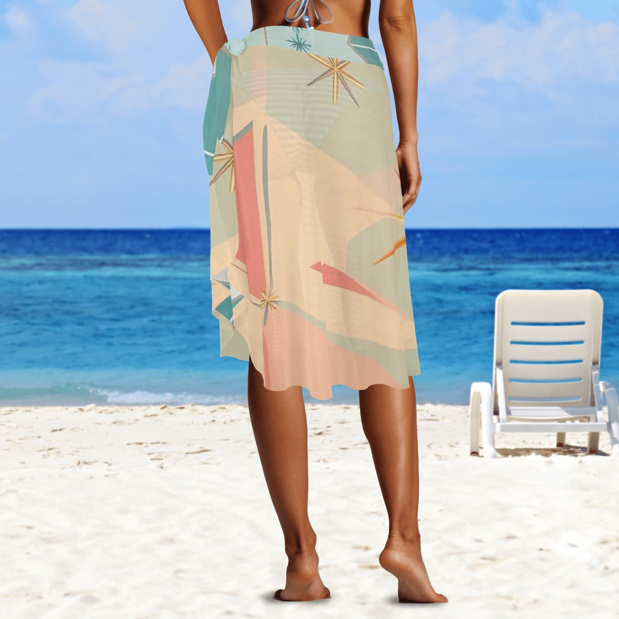Atomic Retro Summer Vibes, Starbursts Diamonds Womens Swimsuit Cover Up Ruffle Tie Side Beach Sarong Wrap Maxi Skirt - Mid Century Modern Gal