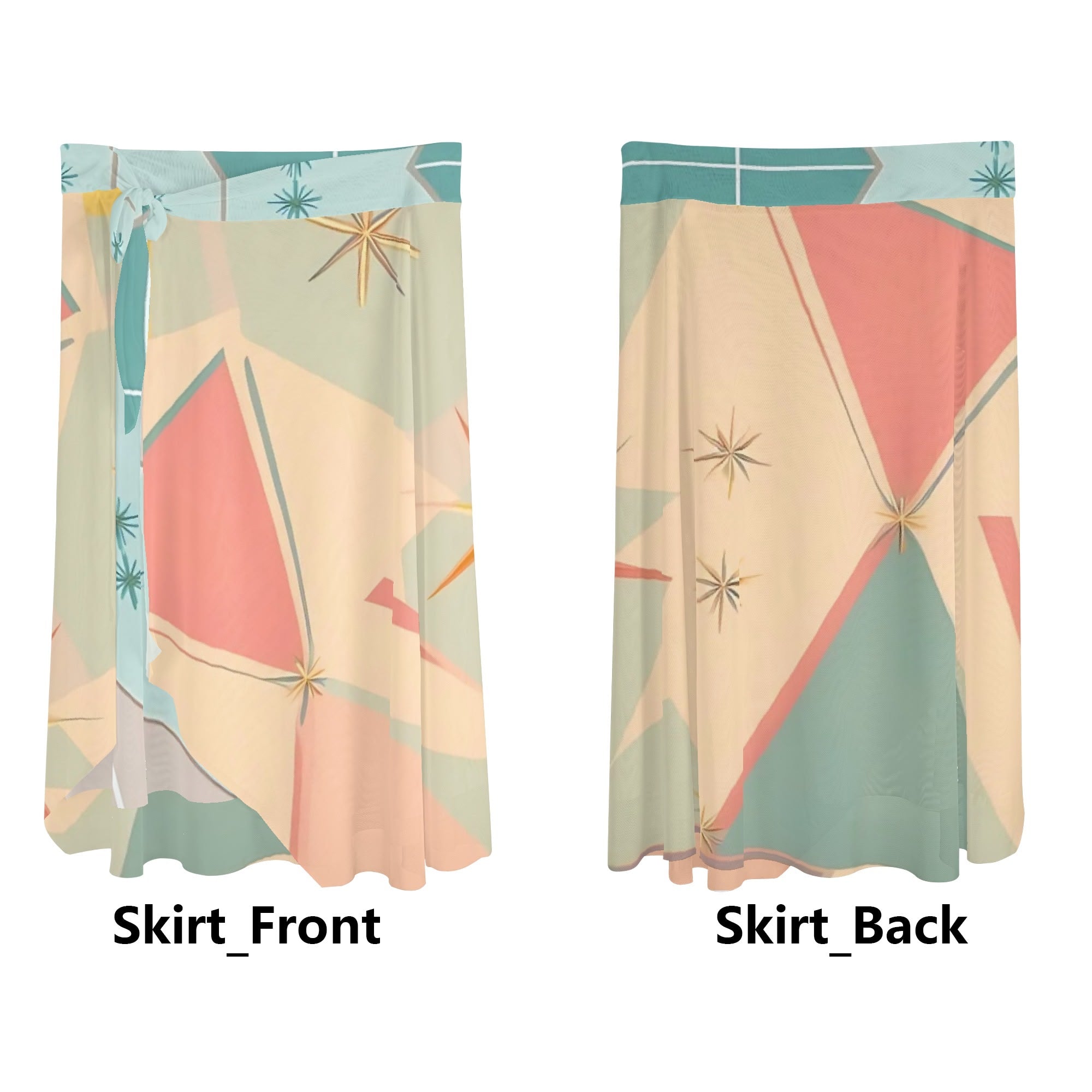 Atomic Retro Summer Vibes, Starbursts Diamonds Womens Swimsuit Cover Up Ruffle Tie Side Beach Sarong Wrap Maxi Skirt - Mid Century Modern Gal